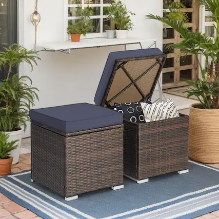 Front. Kadyn - 2 Pieces Patio Ottoman with Removable Cushions-Navy, All Weather Wicker Ottoman, Outdoor Patio Ottomans - Blue.