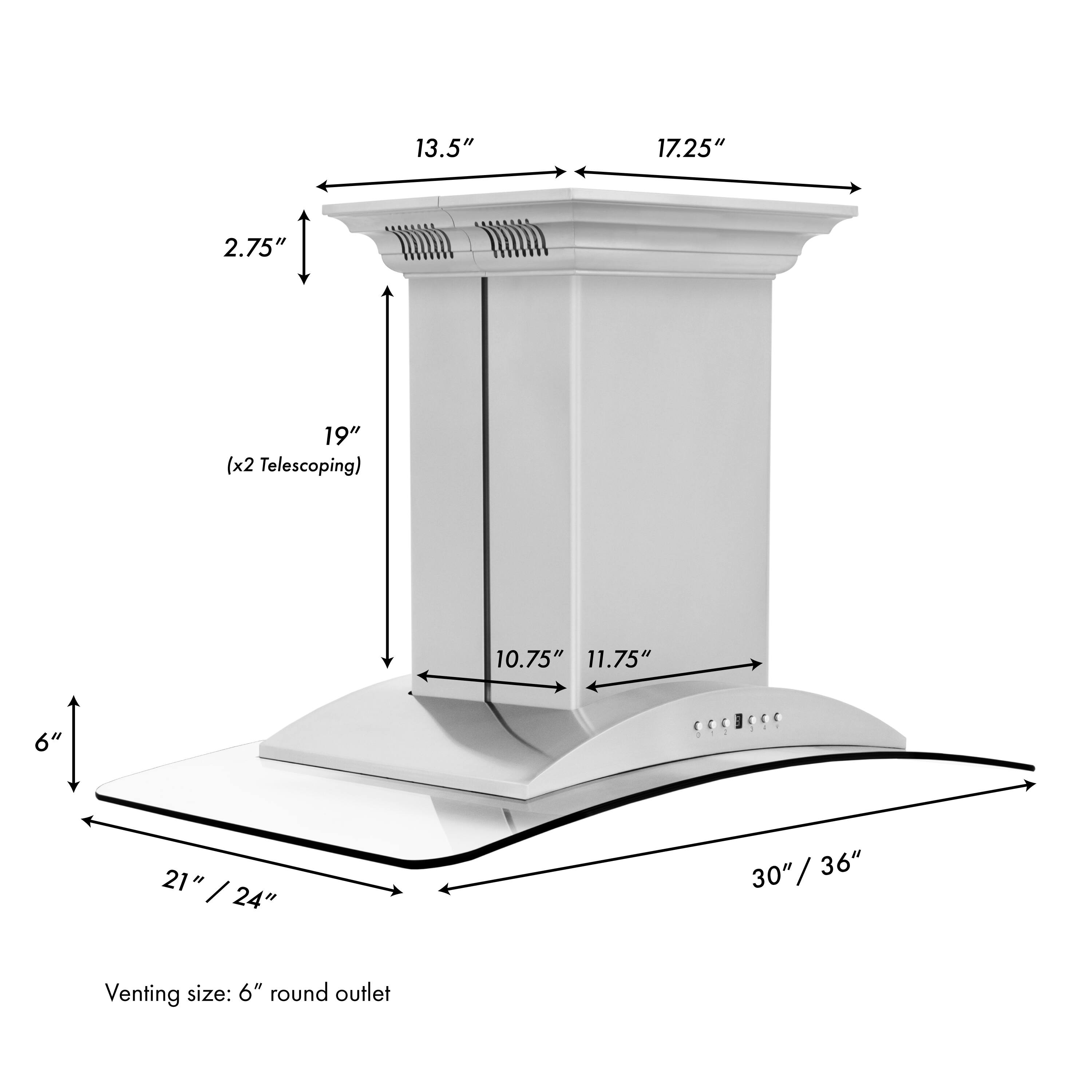 13.5" 17.25" 2.75" 19" (x2 Telescoping) 10.75" 11.75" 6" 21" / 24" 30" / 36" Venting size: 6" round outlet