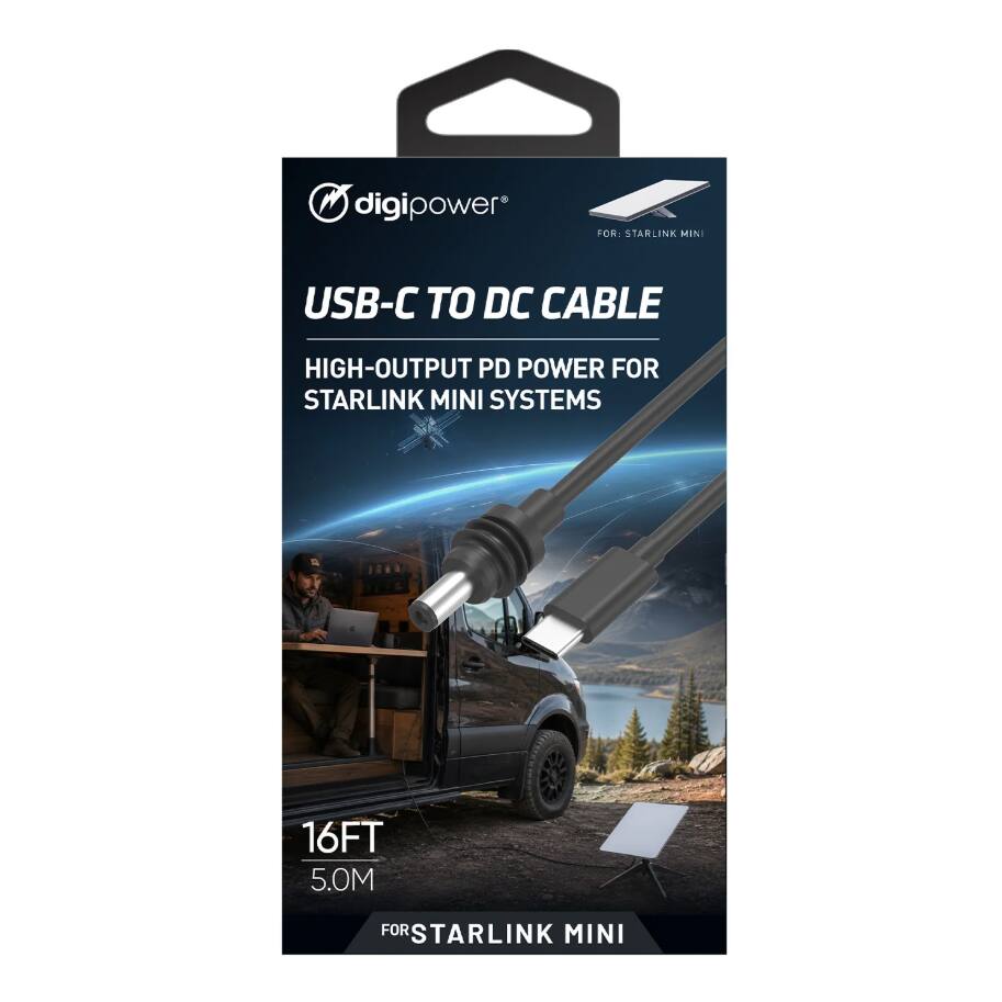 digipower  
FOR: STARLINK MINI  
USB-C TO DC CABLE  
HIGH-OUTPUT PD POWER FOR STARLINK MINI SYSTEMS  
16FT 5.0M  
FOR STARLINK MINI