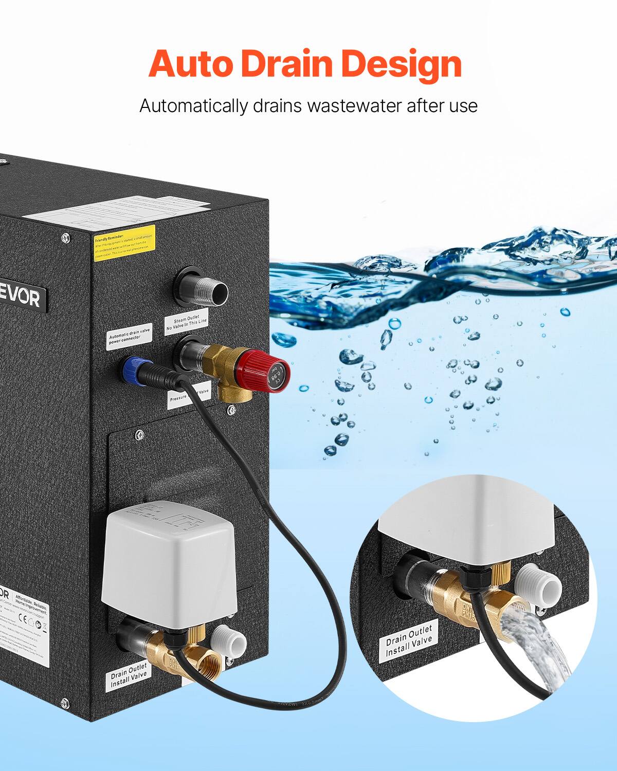 Auto Drain Design  
Automatically drains wastewater after use

EVOR  
- Solve Automatic connector power  
Steam Outlet Line 14 This Valve  
Pressure  
now  
DR. adterbide CE  
Drain Outlet Valve Install  
Drain Outlet Install Valve  
NEWT