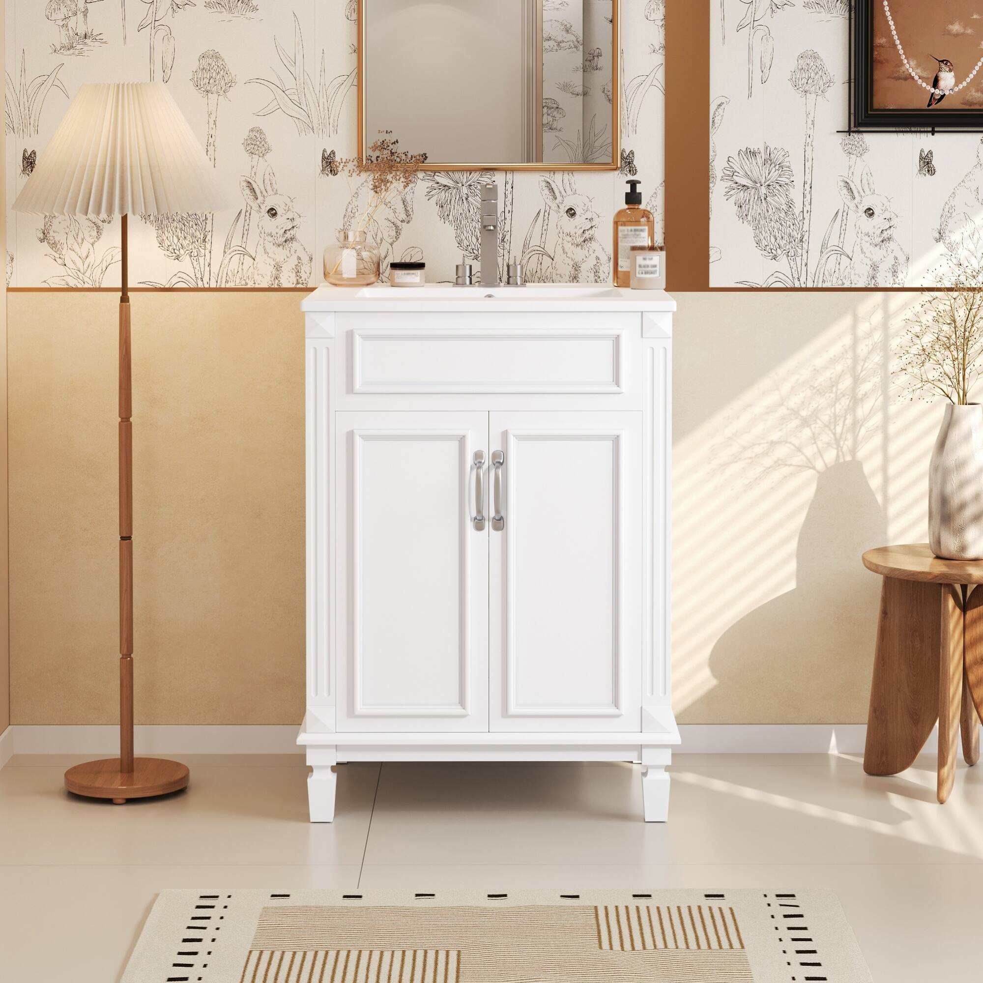 Angle. ELEMENT ACE - Modern Bathroom Vanity with Ceramic Sink and Soft-Closing Doors, Solid Wood Frame Storage Cabinet - White.