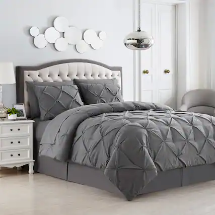 Front. Sweet Home Collection - 3 Piece Pinch Pleat Decorative Pintuck Comforter and Shams Set, All Season Bedding Set-Full/Queen - Gray.