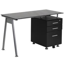Emma + Oliver - Computer Desk with Tempered Glass Top and Three Drawer Pedestal - Black