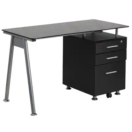 Front. Emma + Oliver - Computer Desk with Tempered Glass Top and Three Drawer Pedestal - Black.