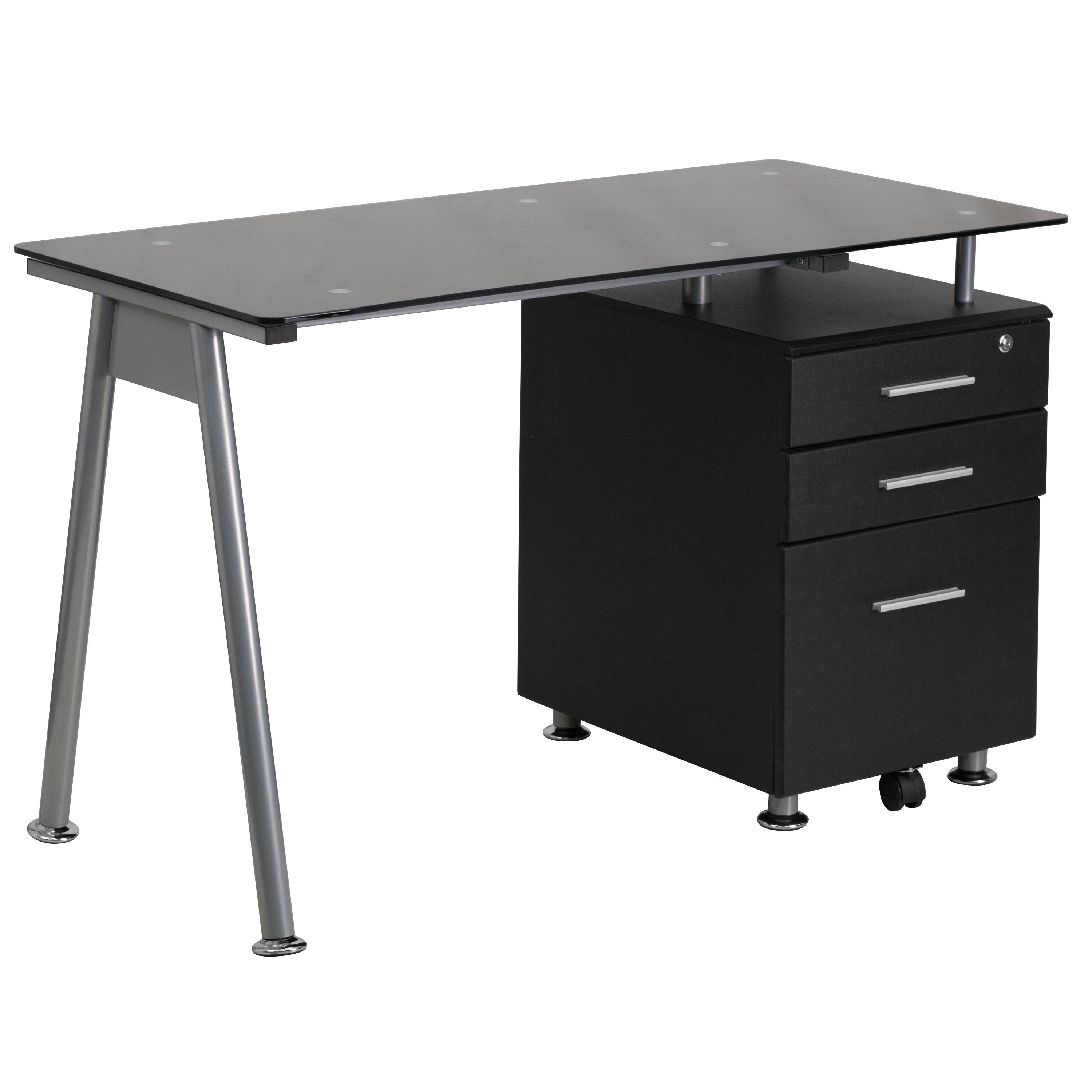 Front. Emma + Oliver - Computer Desk with Tempered Glass Top and Three Drawer Pedestal - Black.