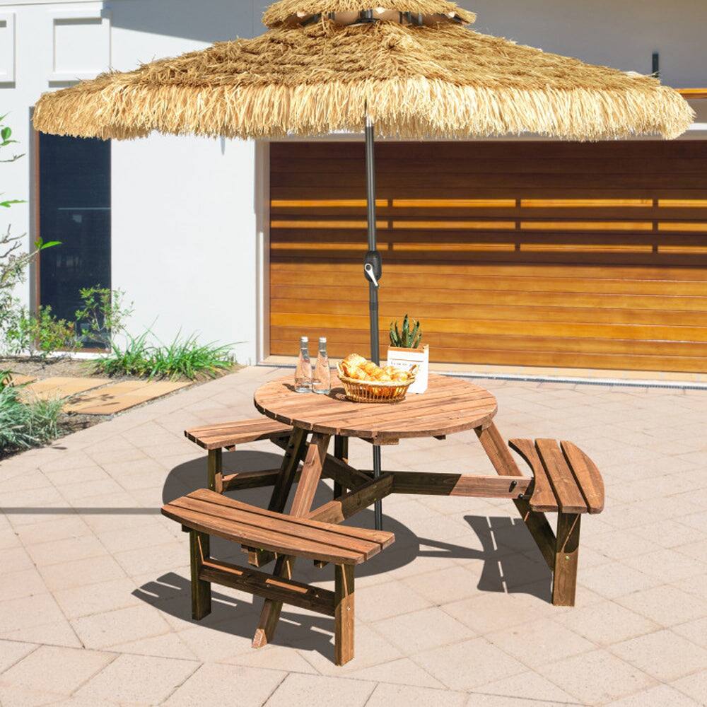 Alt View 1. Boyel Living - 6 Person Wooden Picnic Table Set with Bench and Umbrella Hold - Dark brown.