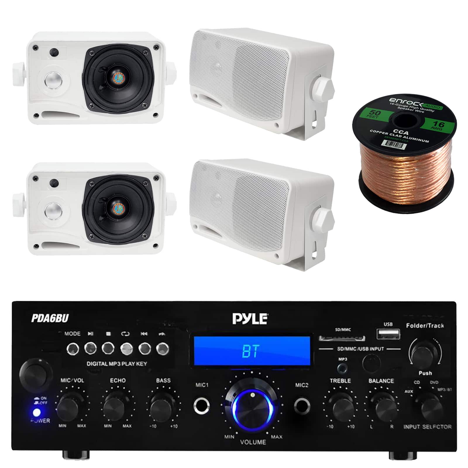 Enrock Marine - Pyle PDA6BU Bluetooth AM/FM Home Stereo Receiver, 4x 3.5'' 200W 3-Way Indoor/Outdoor Speakers (White) w/ Wire - Black
