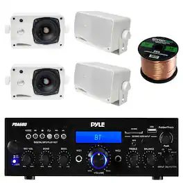 Enrock Marine - Pyle PDA6BU Bluetooth AM/FM Home Stereo Receiver, 4x 3.5'' 200W 3-Way Indoor/Outdoor Speakers (White) w/ Wire - Black