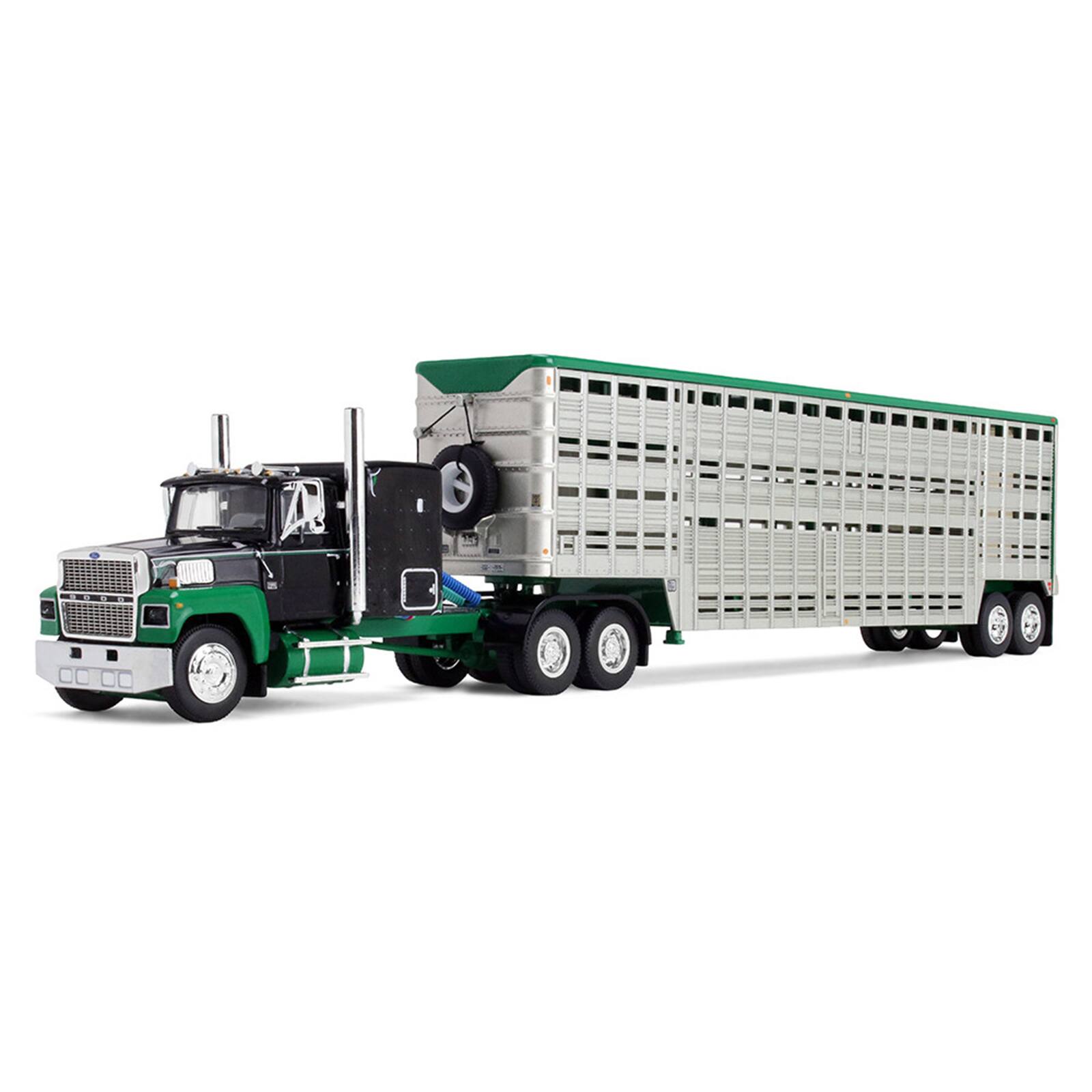 Alt View 1. First Gear - Ford LTL 9000 with 60" Flat Top Sleeper & 45' Wilson Vintage Livestock Trailer Black and Green 1/64 Model by First Gear.