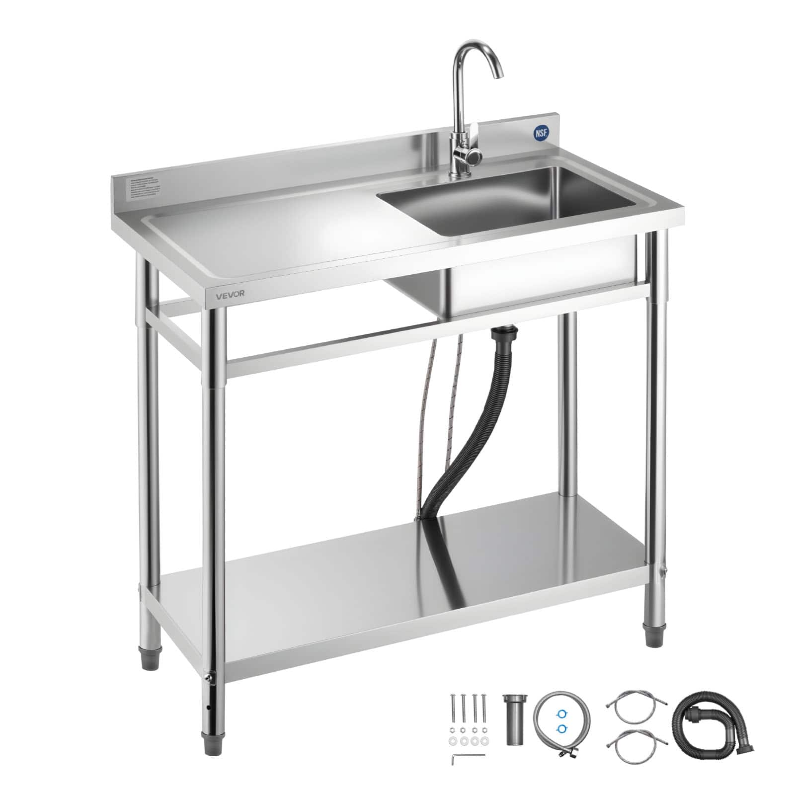 VEVOR - Stainless Steel Utility Sink, Free Standing Single Bowl Commercial Kitchen Sink with Faucet, 39.4 x 19.7 x 37 in - Stainless steel color