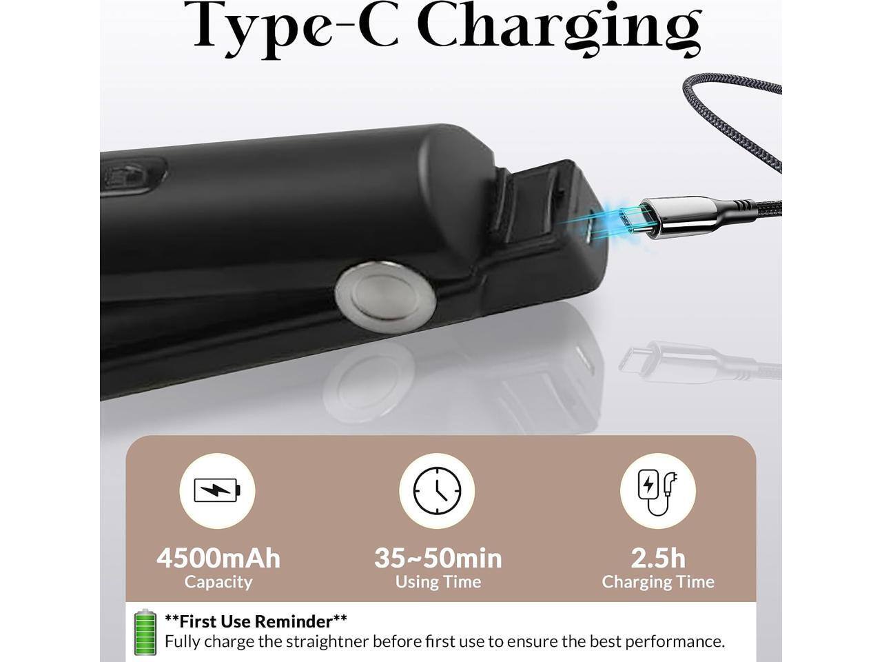 Type-C Charging

4500mAh Capacity

35~50min Using Time

2.5h Charging Time

**First Use Reminder**
Fully charge the straightener before first use to ensure the best performance.
