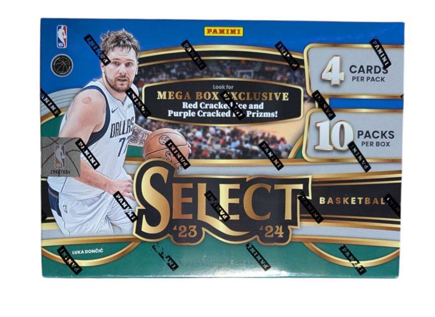 PANINI SELECT BASKETBALL '23 '24  
4 CARDS PER PACK  
10 PACKS PER BOX  
Look for MEGA BOX EXCLUSIVE Red Cracked Ice and Purple Cracked Prisms!  
LUKA DONCIC