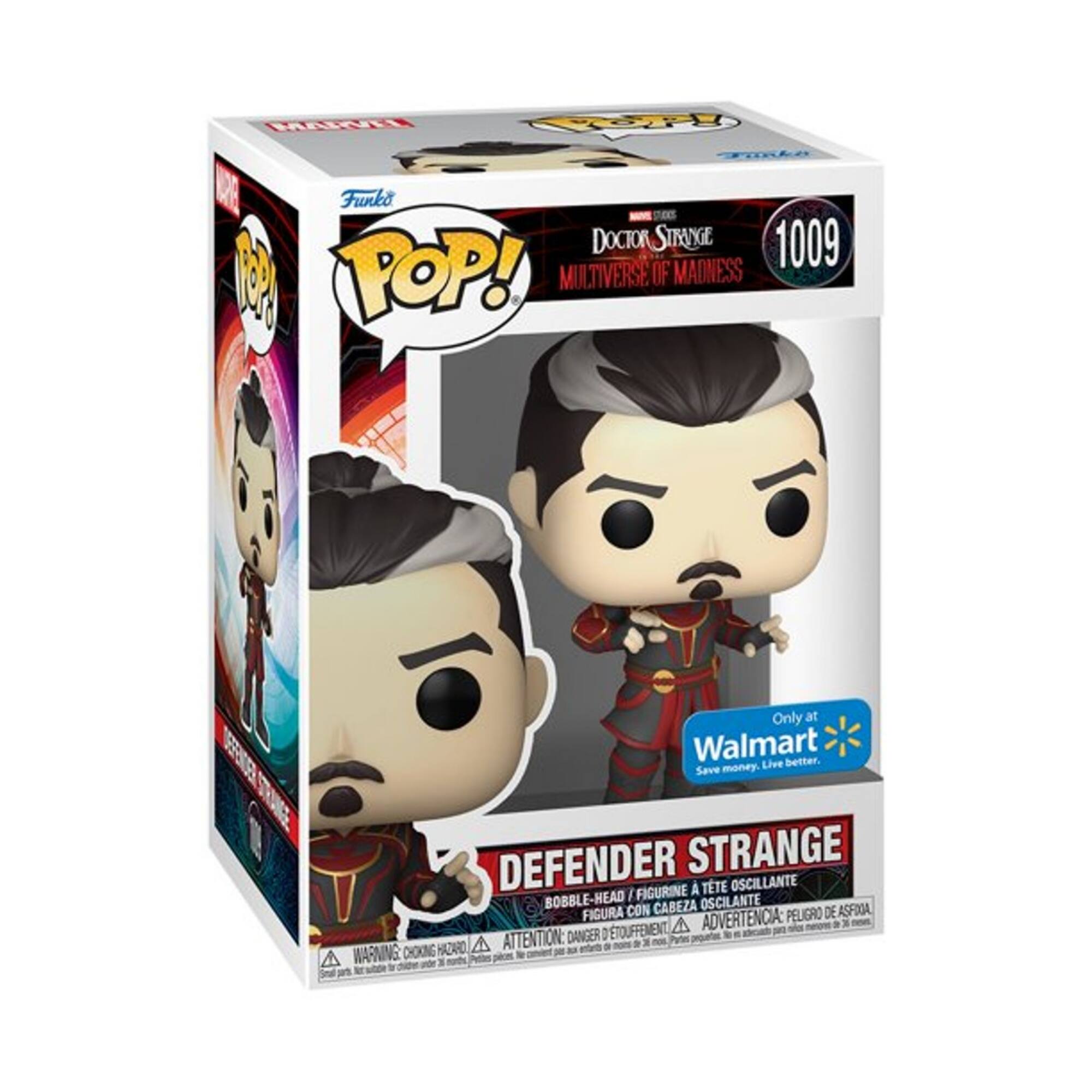 Funko POP! Doctor Strange Multiverse of Madness 1009  
Defender Strange  
Only at Walmart  
Save money. Live better.  
Bobble-head / Figurine à tête oscillante  
Advertencia: Peligro de asfixiación / Attention: Danger d'étouffement  
Warning: Choking hazard