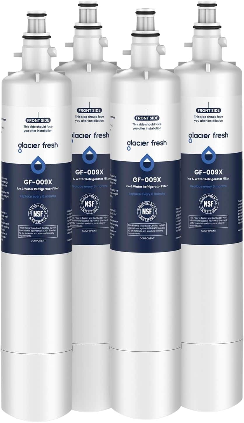FRONT SIDE  
This side should face you after installation  

glacier fresh  

GF-009X  
Ice & Water Refrigerator Filter  
Replace every 6 months  

NSF CERTIFIED  
This Filter is Tested and Certified by NSF International against NSF/ANSI Standard 42 for materials and structural integrity requirements  

COMPONENT  

FRONT SIDE  
This side should face you after installation  

glacier fresh  

GF-009X  
Ice & Water Refrigerator Filter  
Replace every 6 months  

NSF CERTIFIED  
This Filter is Tested and Certified by NSF International against NSF/ANSI Standard 42 for materials and structural integrity requirements  

COMPONENT  

FRONT SIDE  
This side should face you after installation  

glacier fresh  

GF-009X  
Ice & Water Refrigerator Filter  
Replace every 6 months  

NSF CERTIFIED  
This Filter is Tested and Certified by NSF International against NSF/ANSI Standard 42 for materials and structural integrity requirements  

COMPONENT  

FRONT SIDE  
This side should face you after installation  

glacier fresh  

GF-009X  
Ice & Water Refrigerator Filter  
Replace every 6 months  

NSF CERTIFIED  
This Filter is Tested and Certified by NSF
