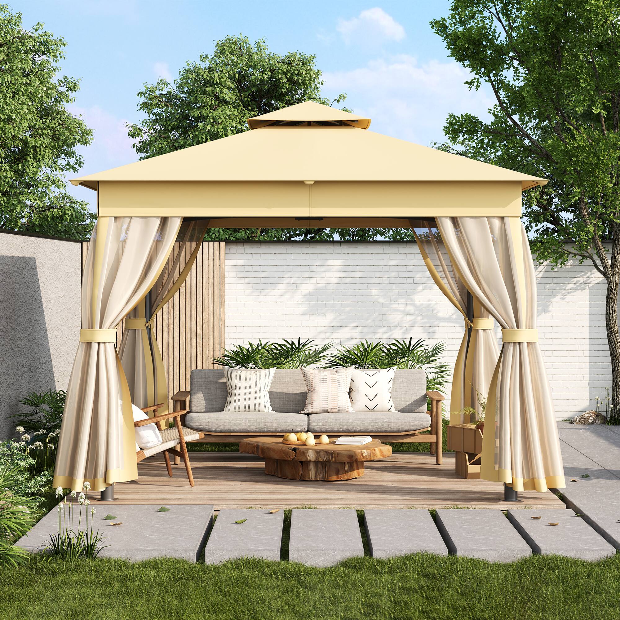 Angle. APRILSOUL - TREXM 10x10 Outdoor Gazebo Tent Double Roofs Patio Gazebo Mosquito Netting Canopy Backyard Garden Beige - Beige.
