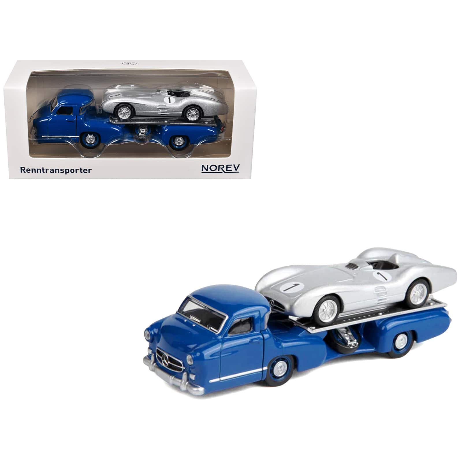 Mercedes-Benz Renntransporter Flatbed Truck Blue & 1954 Mercedes-Benz W196 #1 Silver Met. 1/64 Diecast Models by Norev price history on PriceWatchPro