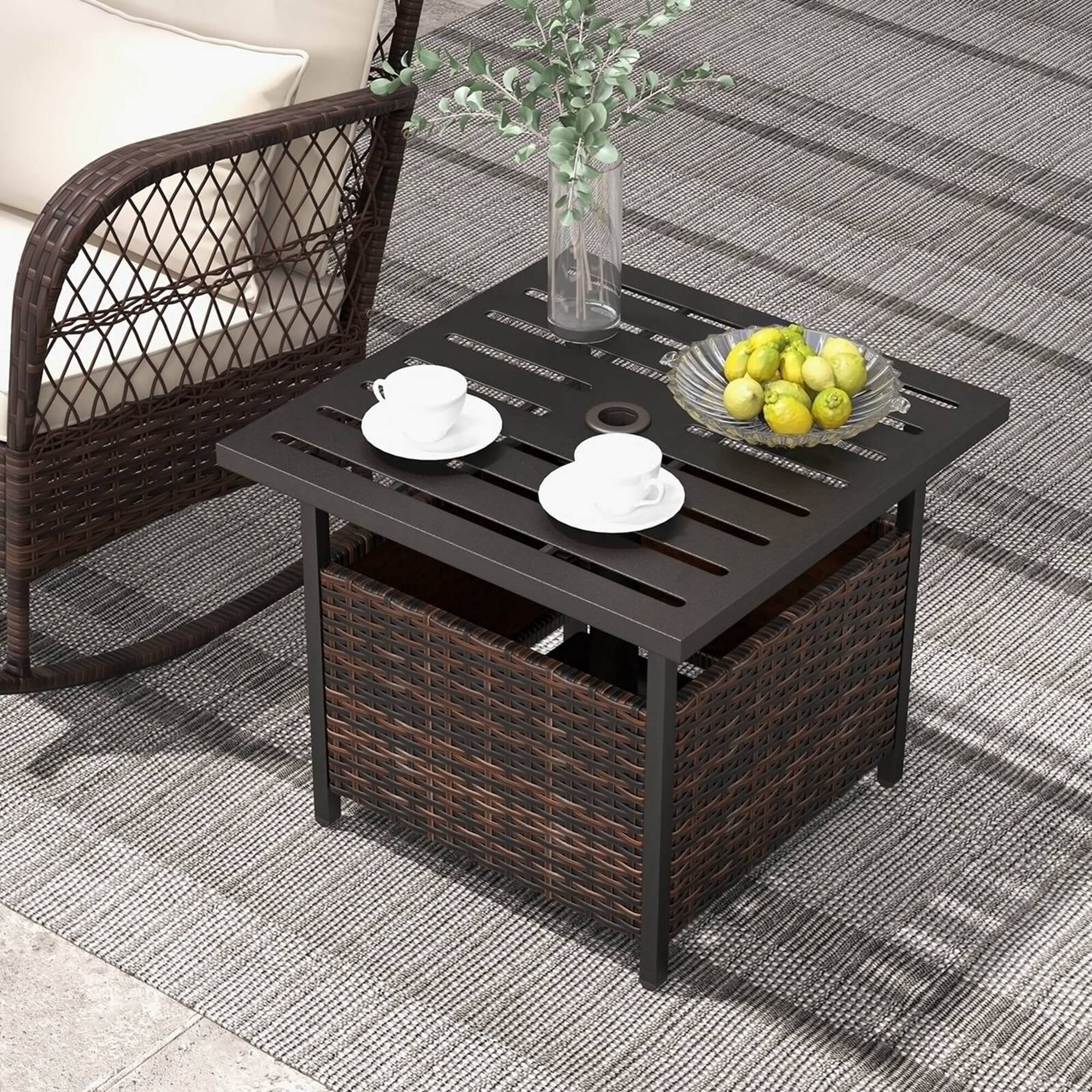 Alt View 3. Costway - Costway Rattan Wicker Steel Side Table Outdoor Furniture Deck Garden Patio Pool - Brown.