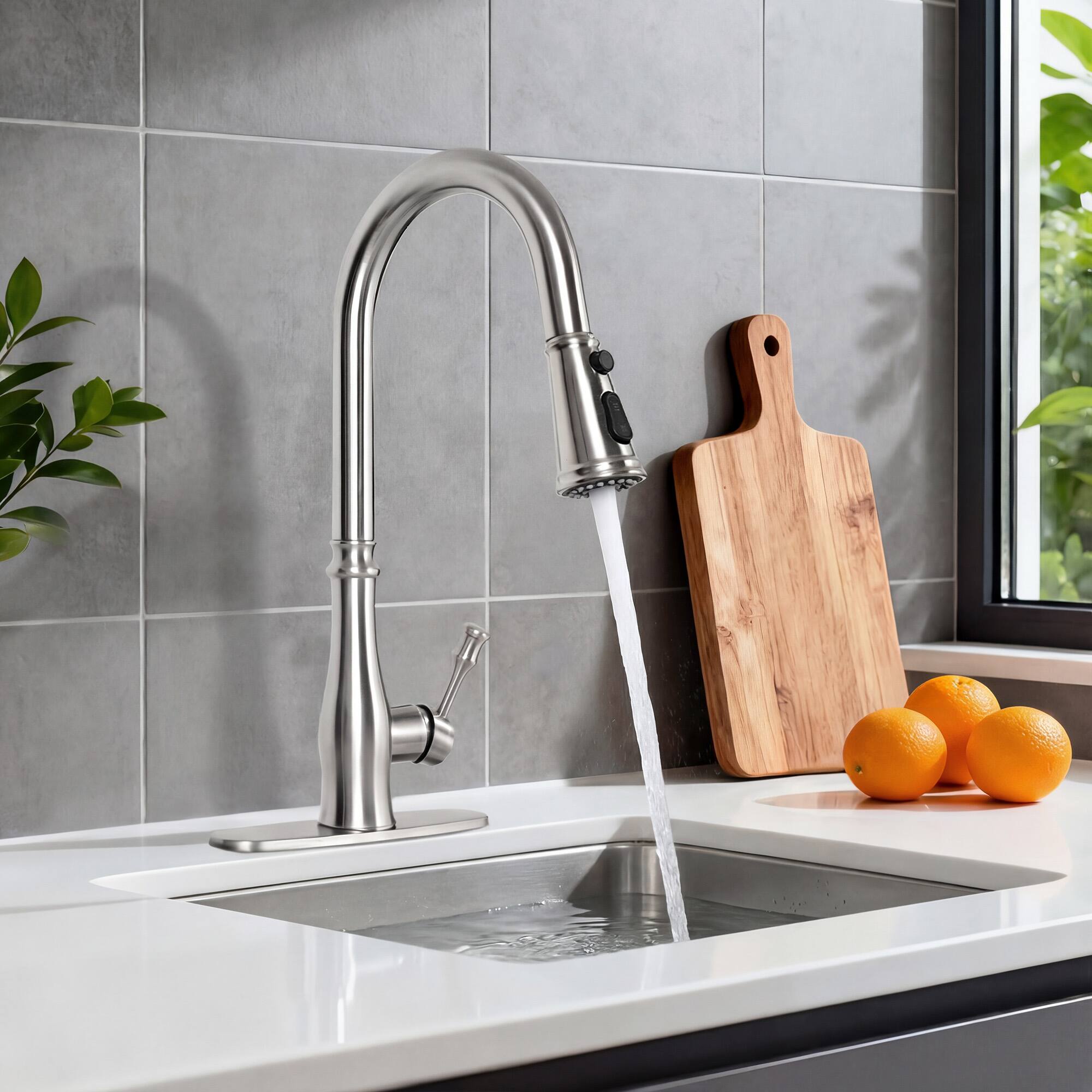 Alt View 7. Akicon - Akicon Single Handle 3-Function Spring Stainless Steel Kitchen Faucet with Pull Down Sprayer in Brushed Nickel - Brushed Nickel.