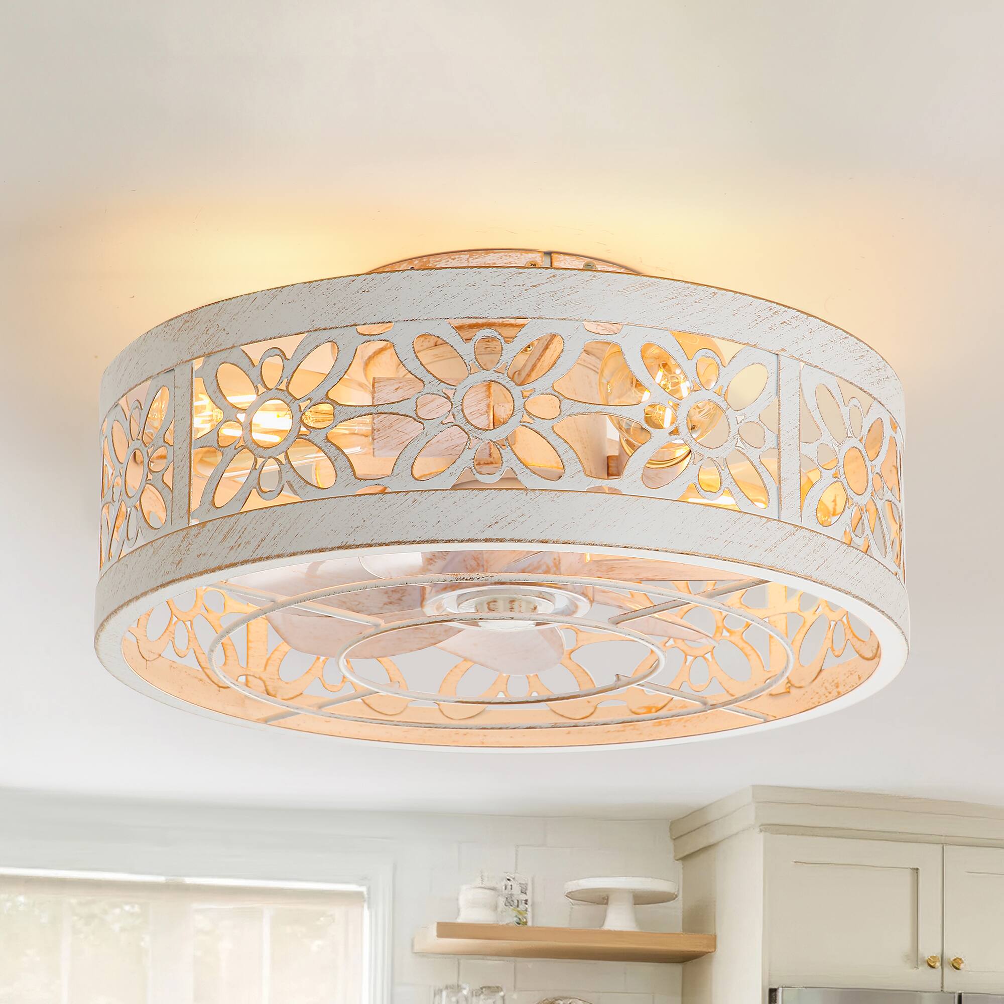 Front. Breezary - 16.5-In Indoor Flush Mount Cage Ceiling Fan with 7 ABS Blades, 6-Speed DC Motor, Remote Control with Timer - Distressed White and Gold.