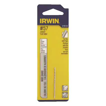 IRWIN
81157ZR
#57
0.0430"
1.09 MM
For Precise Holes
Pour des trous précis
Para orificios precisos
WIRE GAUGE
CALIBRE DE FILS DE CALIBRE
For Use with Taps
S'utilise avec les tarauds
Para uso con machuelos