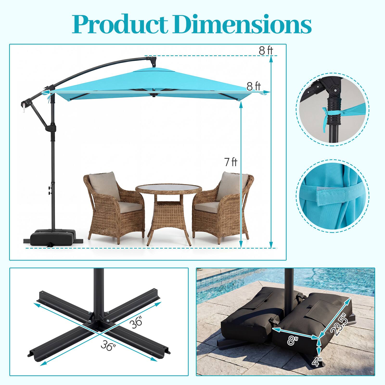 Product Dimensions: 8 ft x 8 ft x 7 ft, 36" x 36" x 8", 23.5" x 4"