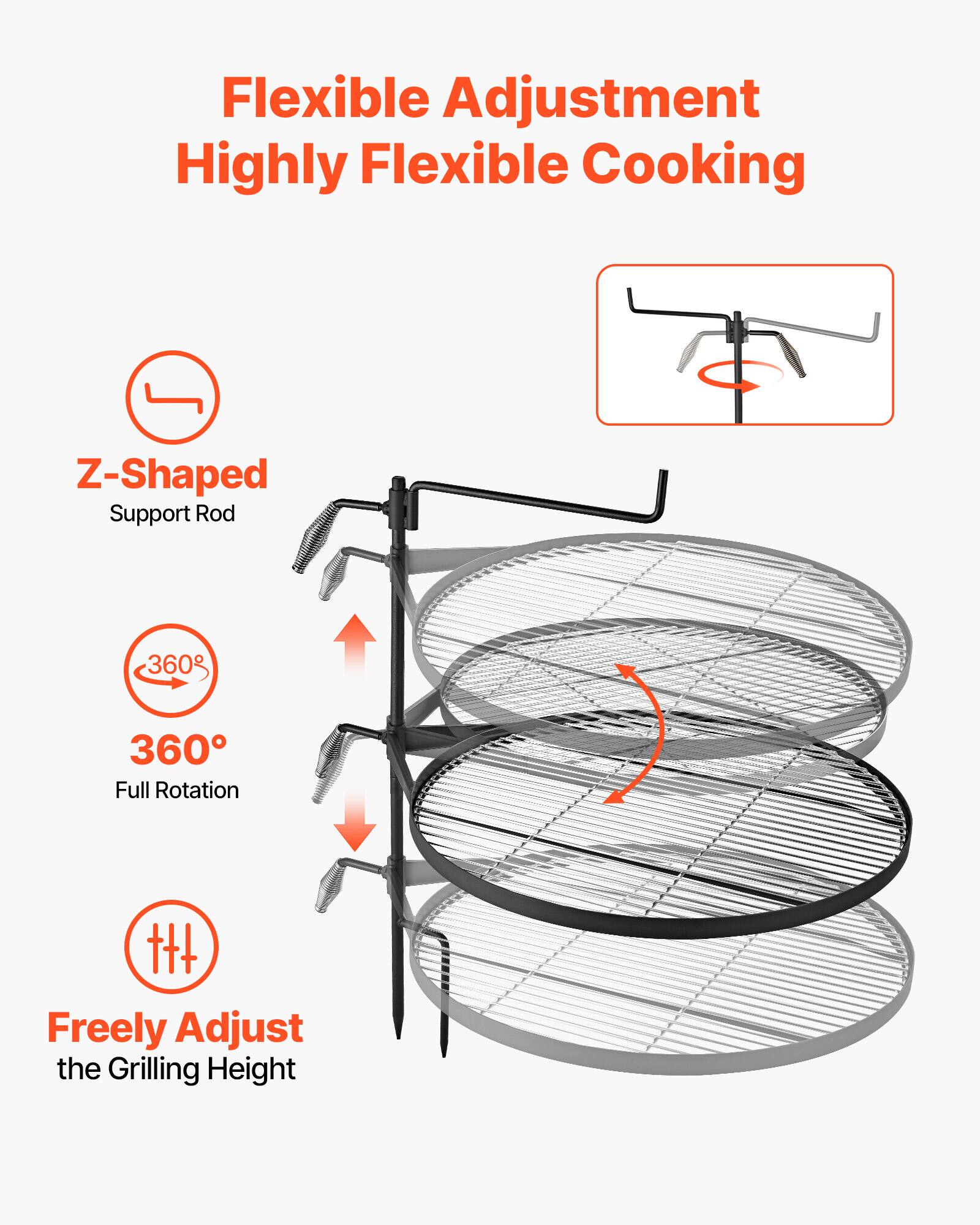Flexible Adjustment  
Highly Flexible Cooking  
Z-Shaped Support Rod  
360° Full Rotation  
Freely Adjust the Grilling Height