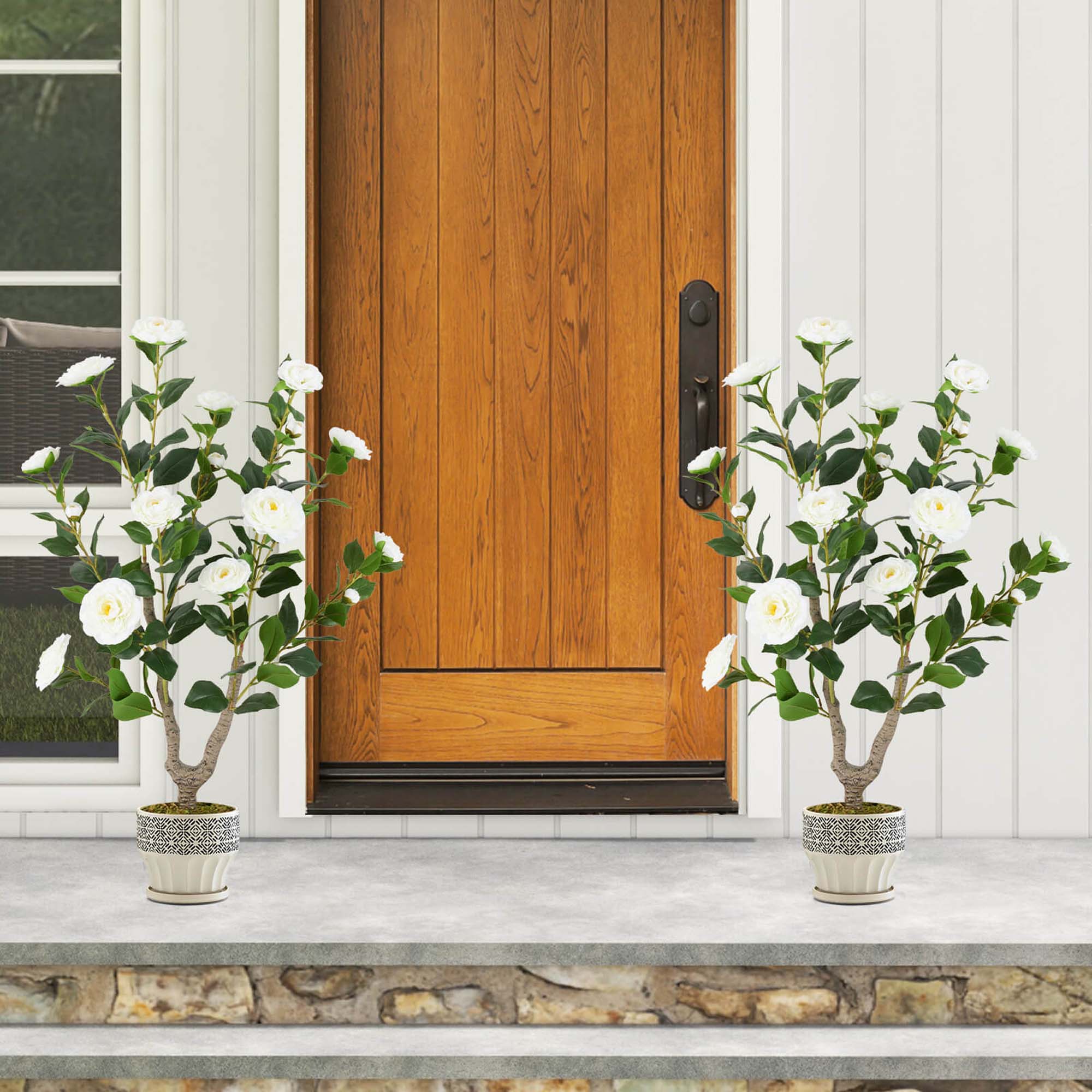 Alt View 1. Costway - Costway 2 PCS 36" Artificial Camellia Tree Fake Potted Tree Greenery Floral Plant Modern White - White.