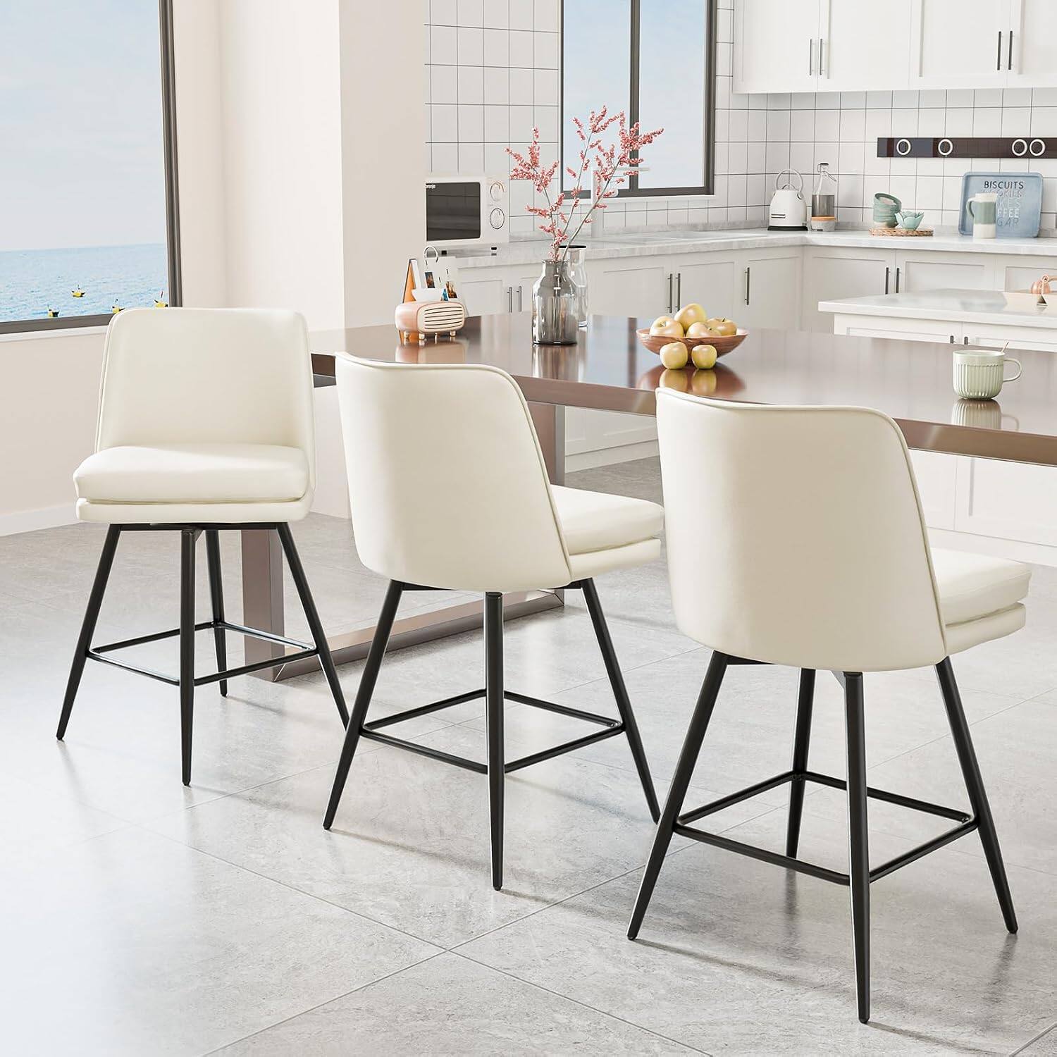 Alt View 5. Winado - 26" H Swivel Barstools PU Faux Leather Upholstered Counter Height Bar Stool Chair with Back, Square Seat, Metal Legs - White-Set of 1.