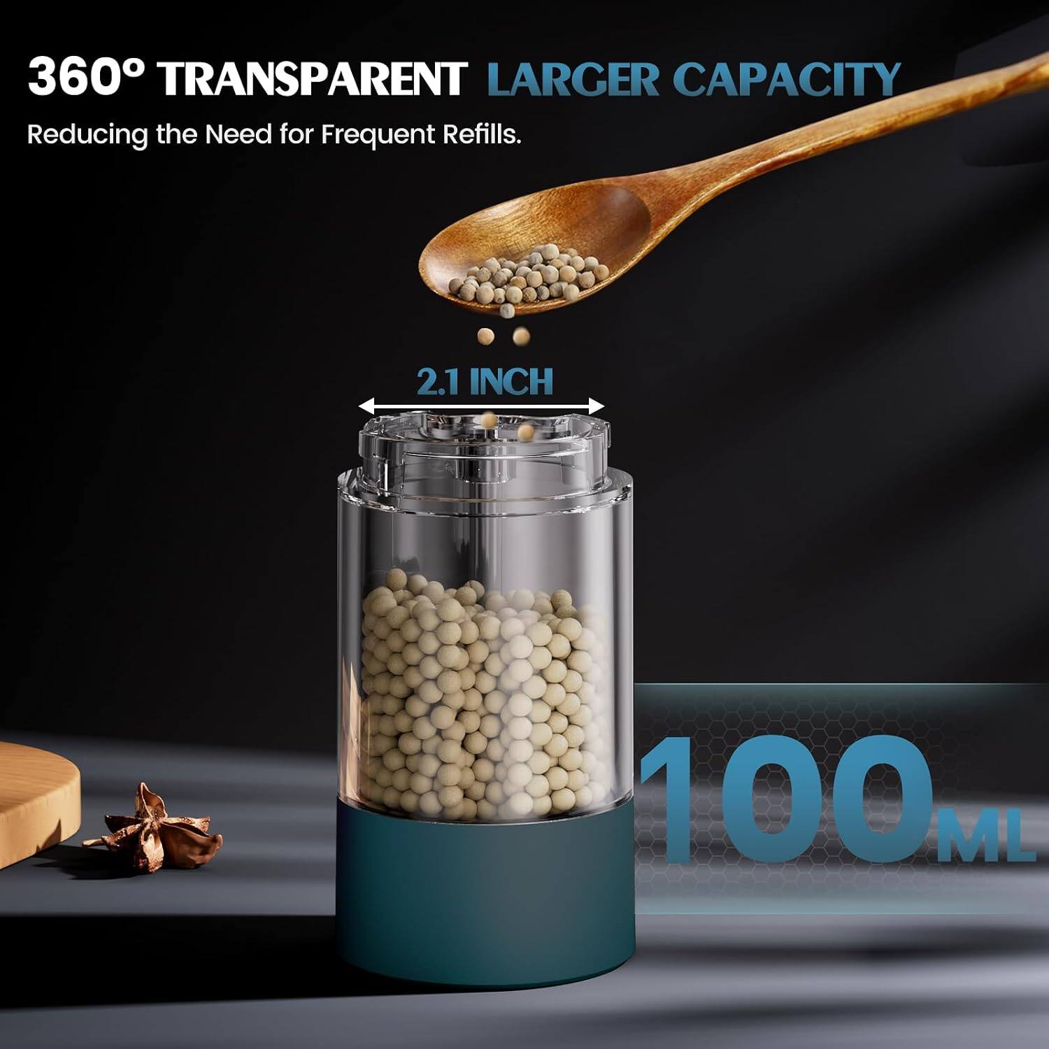 360° TRANSPARENT LARGER CAPACITY  
Reducing the Need for Frequent Refills.  
2.1 INCH  
100 ML