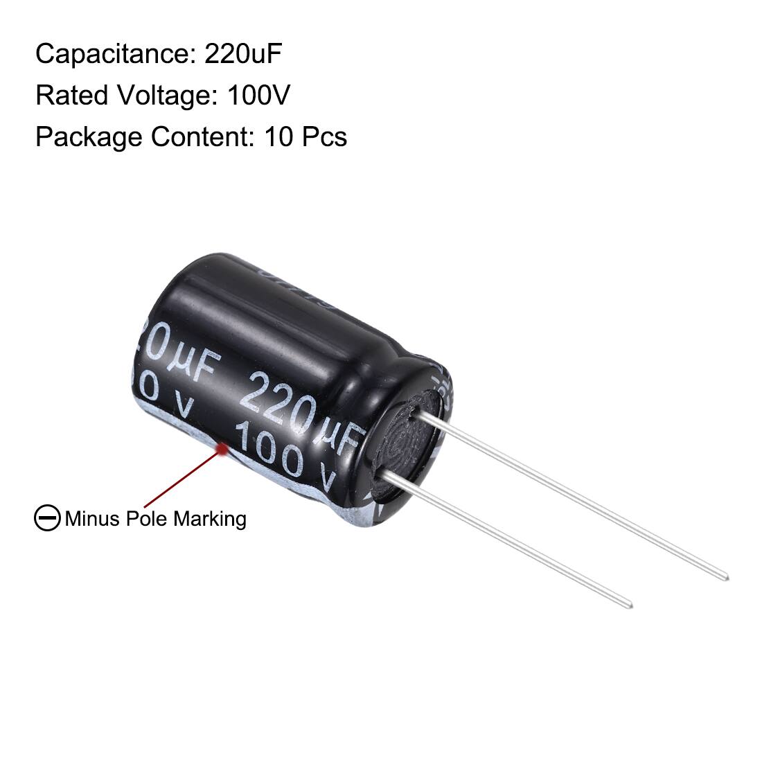 Capacitance: 220uF  
Rated Voltage: 100V  
Package Content: 10 Pcs  

Minus Pole Marking