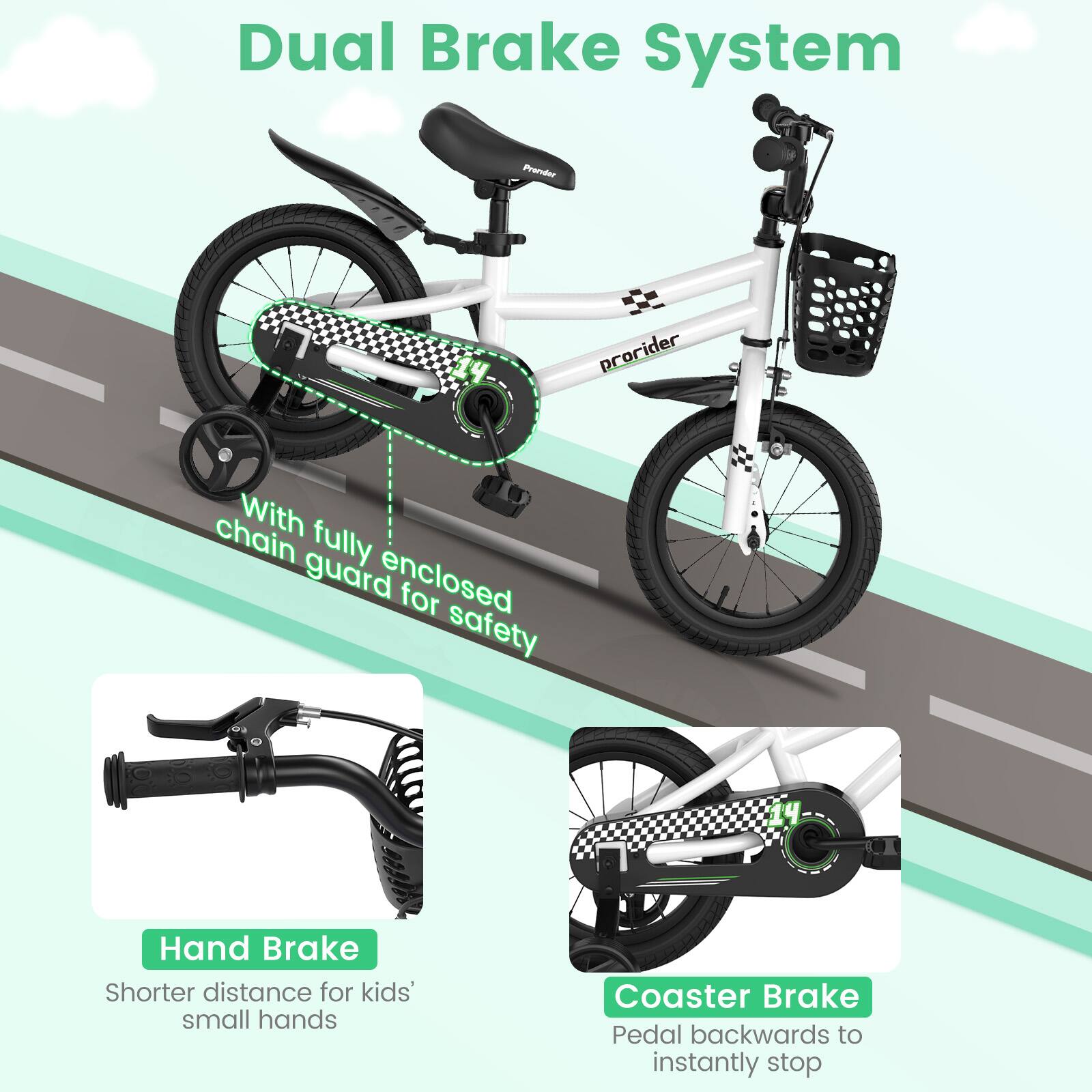 Dual Brake System

- With fully enclosed chain guard for safety
- Hand Brake: Shorter distance for kids' small hands
- Coaster Brake: Pedal backwards to instantly stop