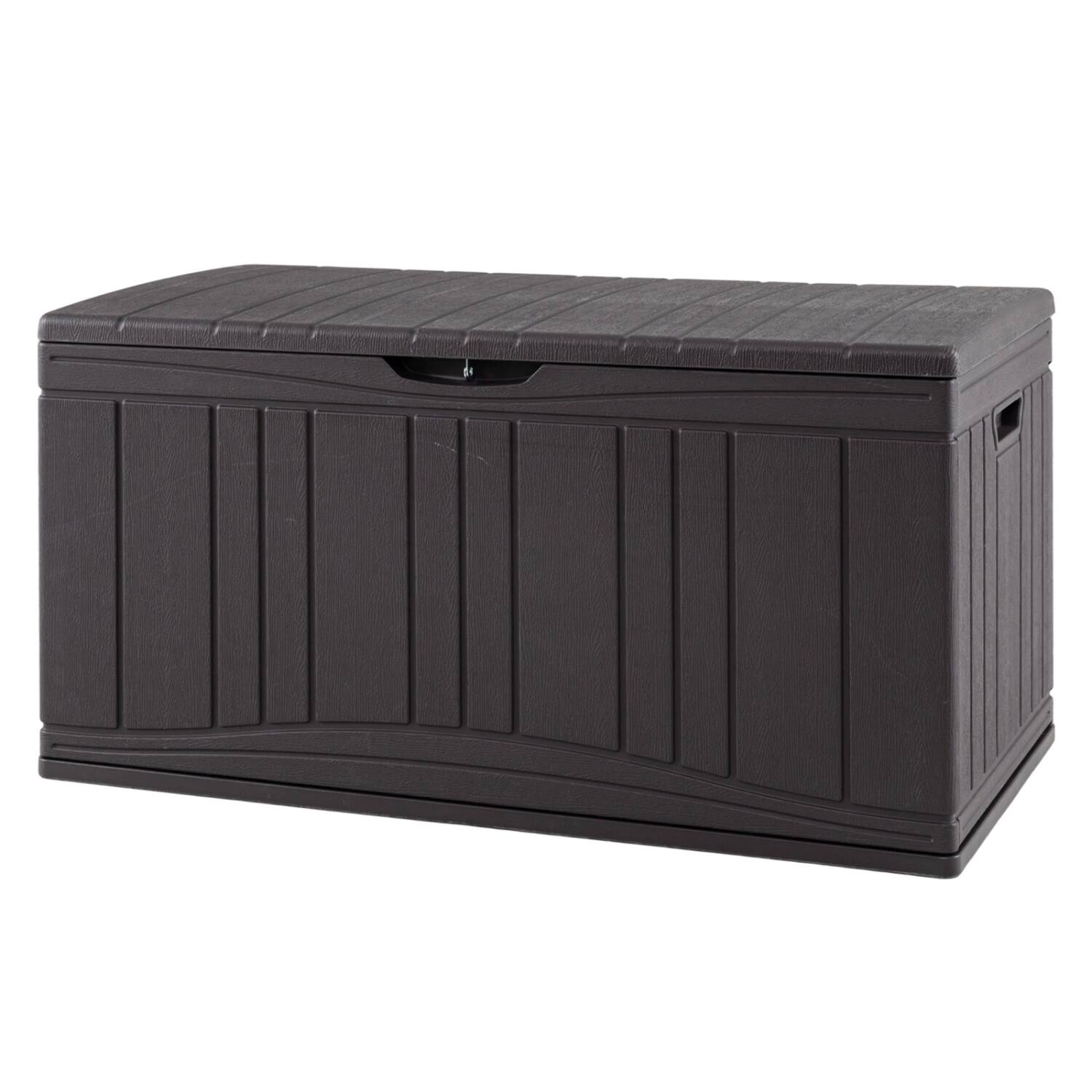 Left. WELLFOR - 80 Gallon Outdoor Deck Box with Lockable Lid for Garden Tools and Cushions - Brown.
