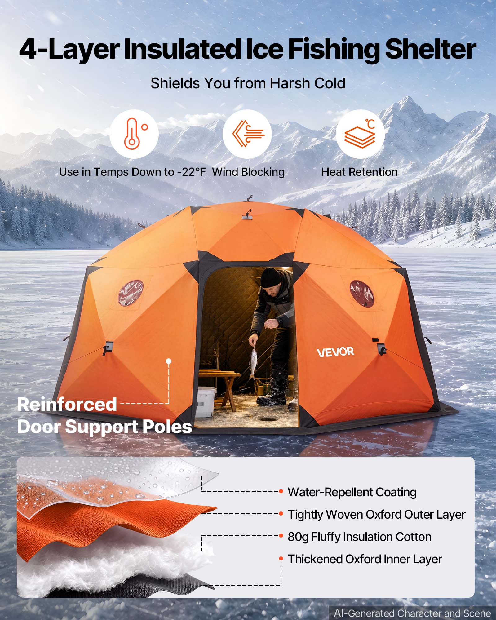 4-Layer Insulated Ice Fishing Shelter Shields You from Harsh Cold

Use in Temps Down to -22°F Wind Blocking
Heat Retention

VEVOR

Reinforced Door Support Poles

Water-Repellent Coating
Tightly Woven Oxford Outer Layer
80g Fluffy Insulation Cotton
Thickened Oxford Inner Layer

AI-Generated Character and Scene
