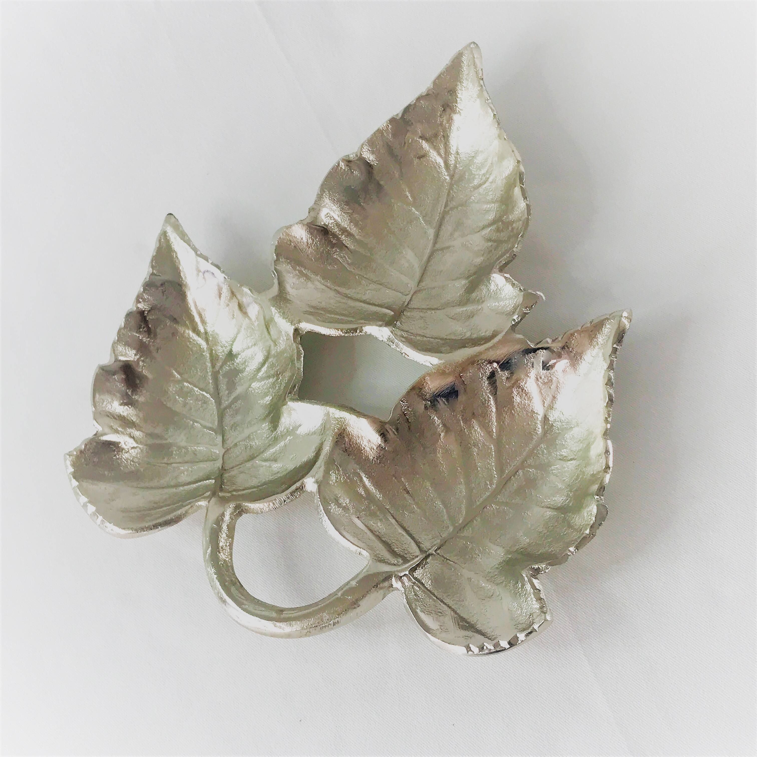 Left. Jiallo - Triple Maple leaves Nickel colour nuts tray 11.75x 9.5 x 1.25" - Silver.