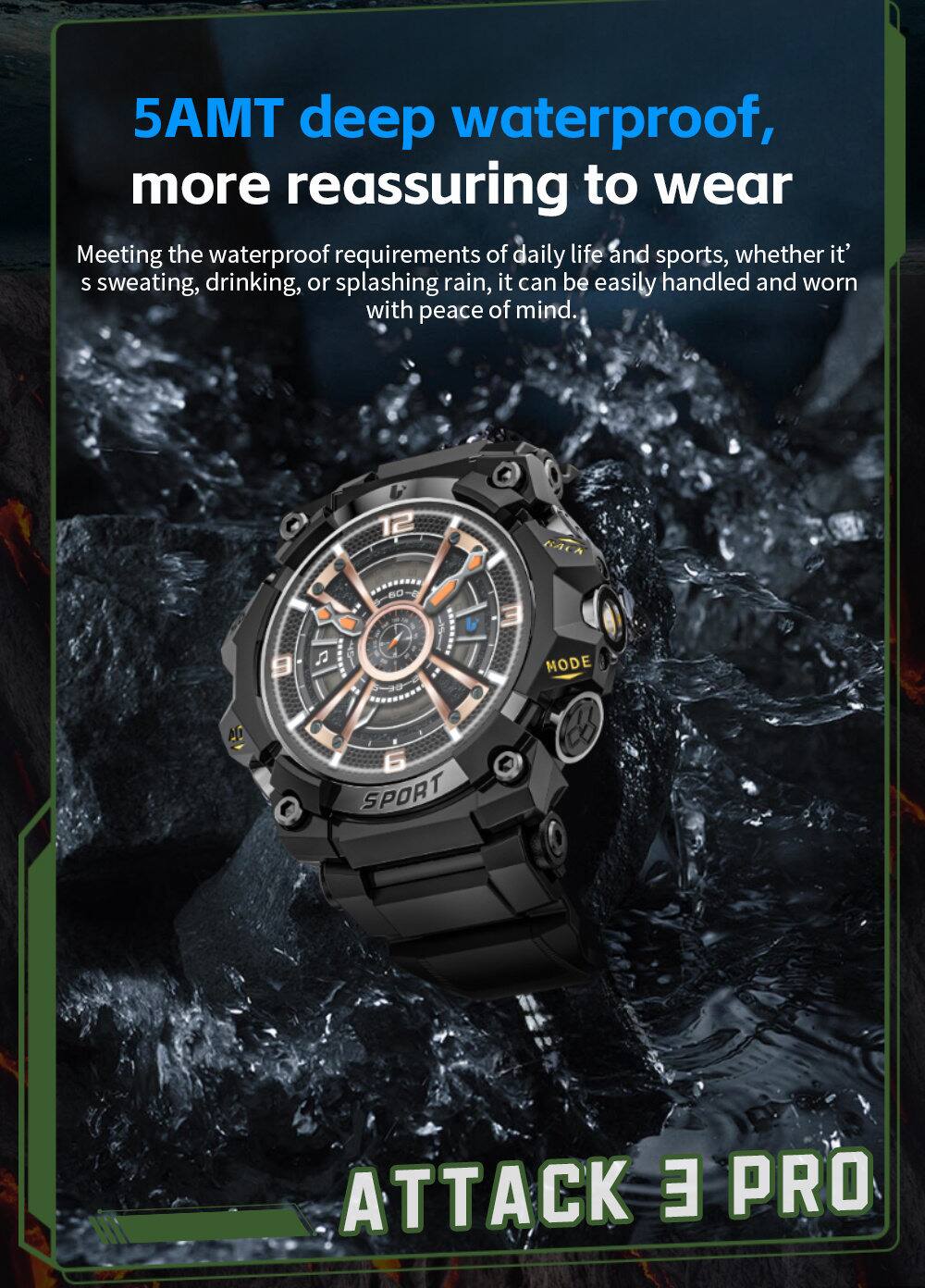 5AMT deep waterproof, more reassuring to wear  
Meeting the waterproof requirements of daily life and sports, whether it's sweating, drinking, or splashing rain, it can be easily handled and worn with peace of mind.  
12 BACK 60 9 J & MODE ALD 6 SPORT ATTACK E PRO