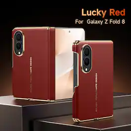 Dteck - Slim Shockproof Leather Texture Case for Samsung Galaxy Z Fold8, Magnetic Rigid PC Protective Cover with Hinge Guard - Red
