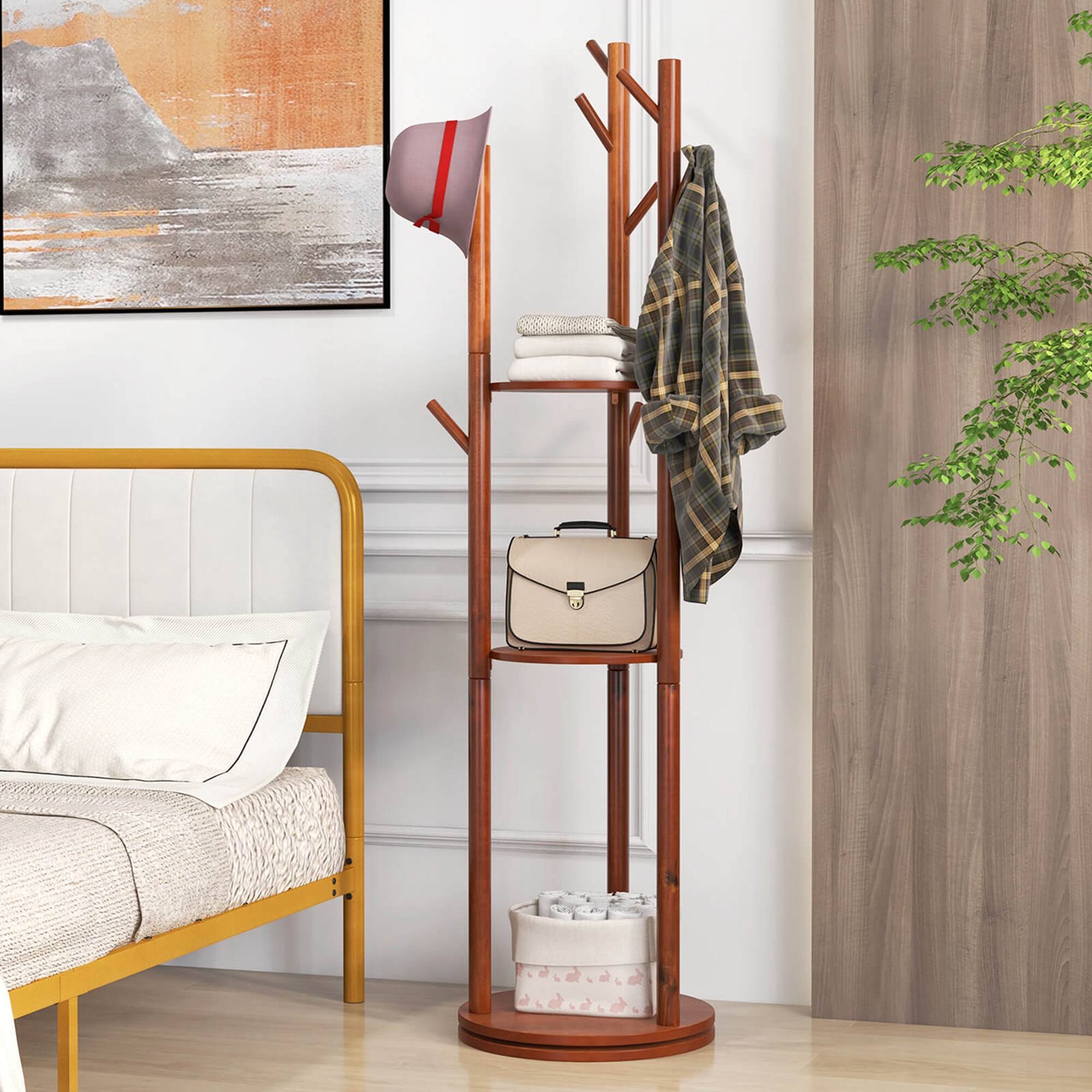Alt View 3. Costway - Costway Freestanding Wooden Coat Tree 360° Rotary Coat Rack with 3 Display Storage Shelves - Walnut.