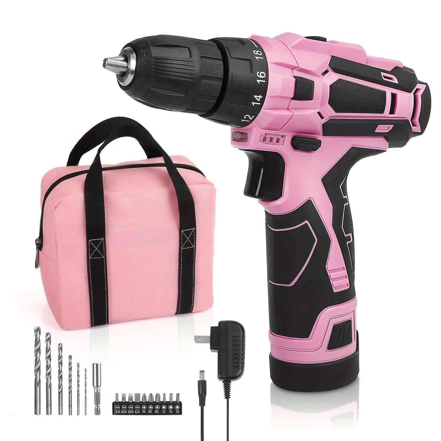 Left. JETRANSPORT - Pink Cordless Drill Driver Set 12v Electric Tool Kit 3/8" Keyless Chuck And Storage Bag Included - - Pink.