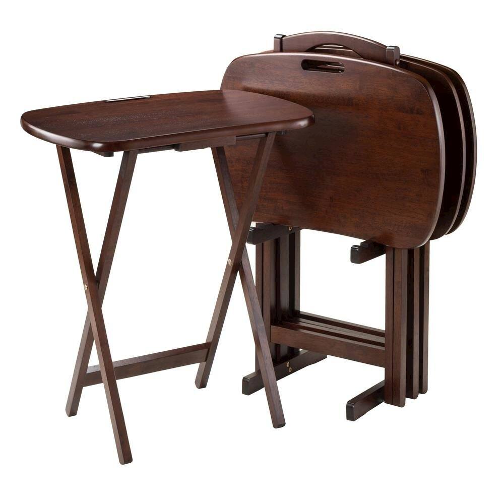 Alt View 2. FurniFact - Walnut Snack Table Set – Folding TV Trays with Stand for Dining & Work - Walnut.