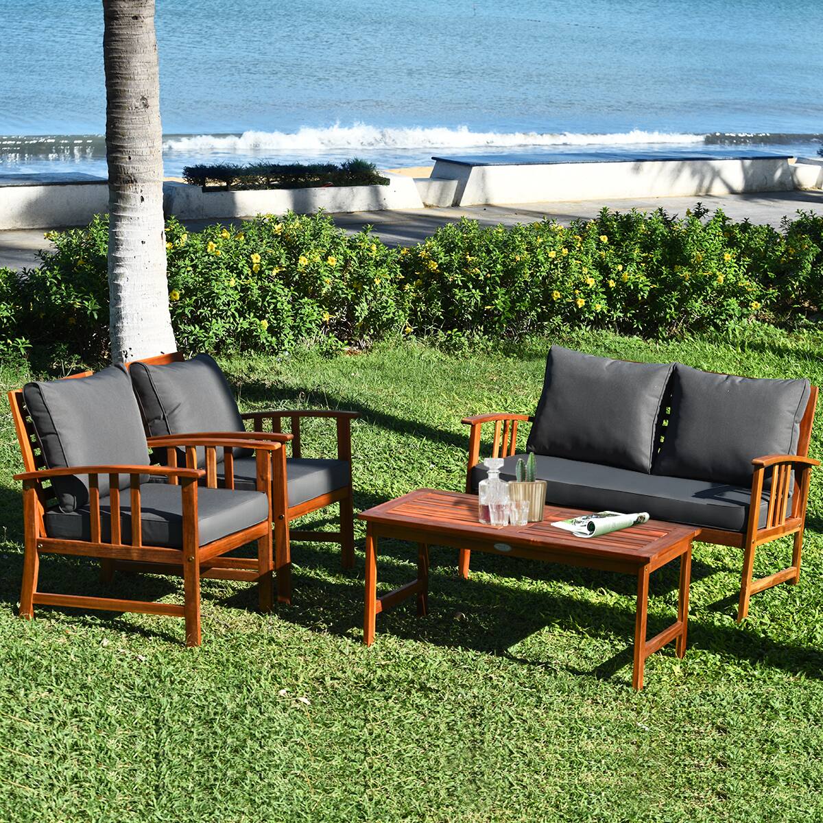 Alt View 5. Costway - Costway 4PCS Wooden Patio Furniture Set Table Sofa Chair Cushioned Garden NEW - gray.