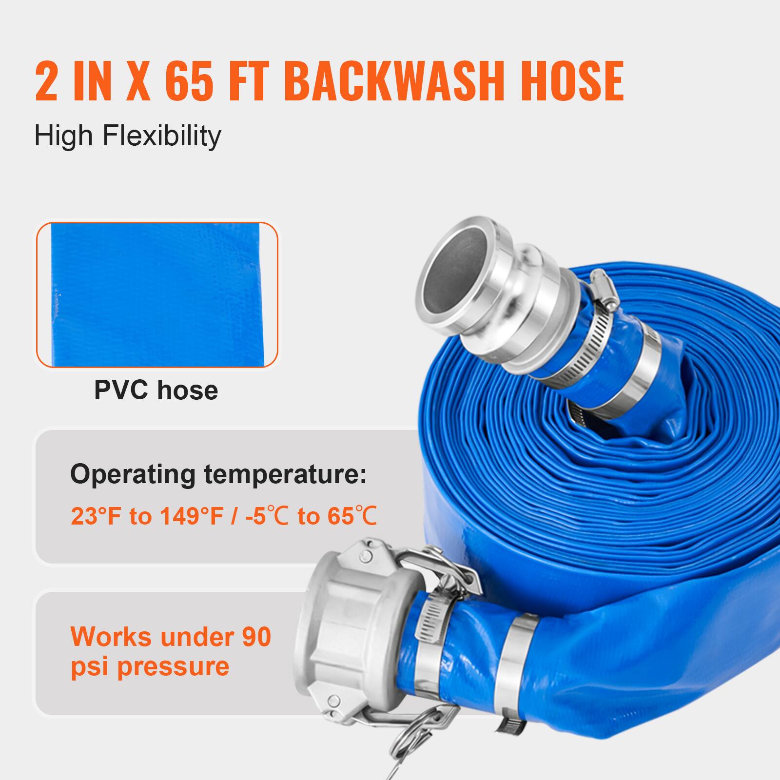 2 IN X 65 FT BACKWASH HOSE  
High Flexibility  
PVC hose  
Operating temperature: 23°F to 149°F / -5°C to 65°C  
Works under 90 psi pressure