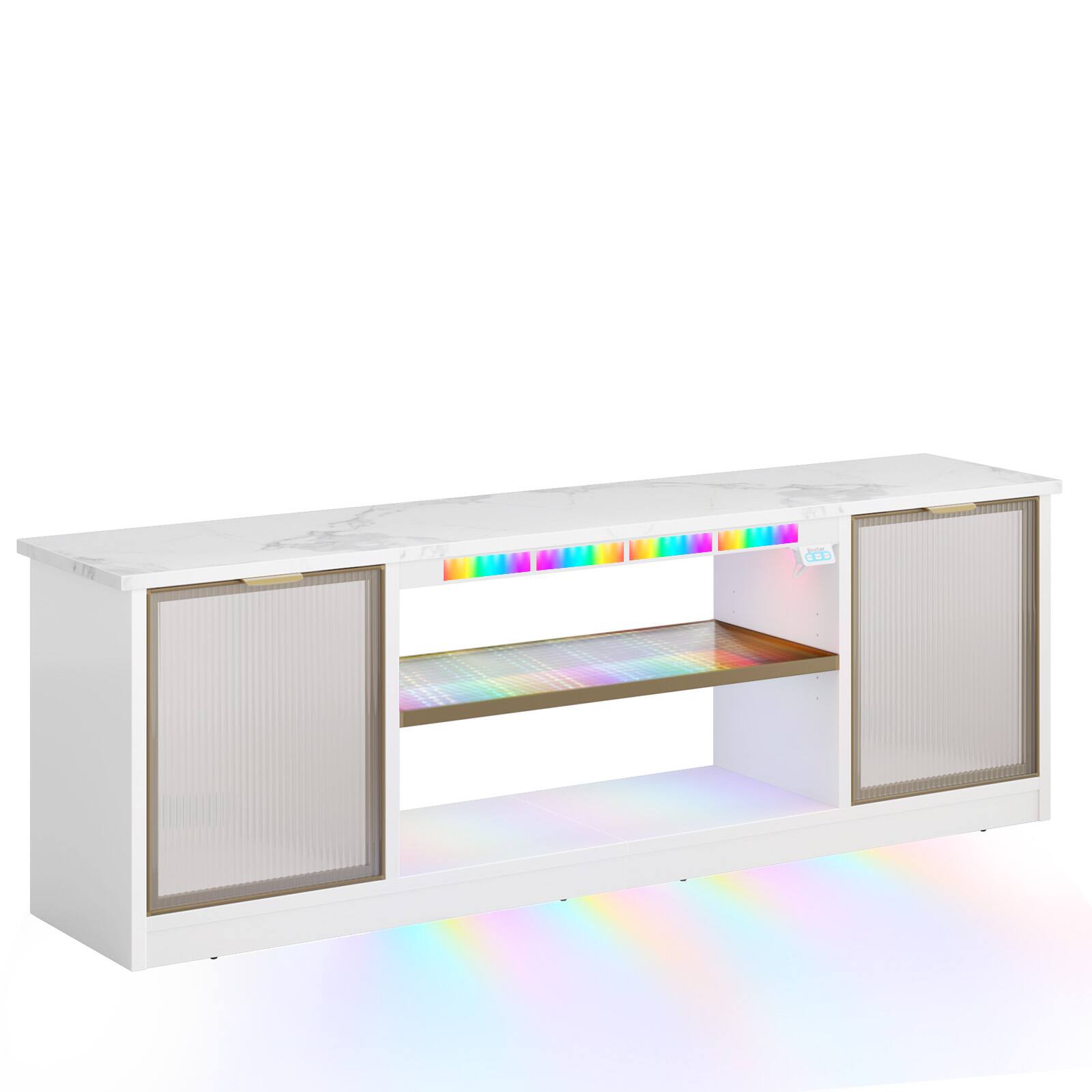 Angle. Bestier - 57-inch Gaming TV Stand with RGB Music Sync Lights, Aluminum Frames & Cable Management - White Marble.