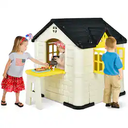 Gymax - Kid's Playhouse Games Cottage w/ 7 PCS Toy Set & Waterproof Cover - Yellow
