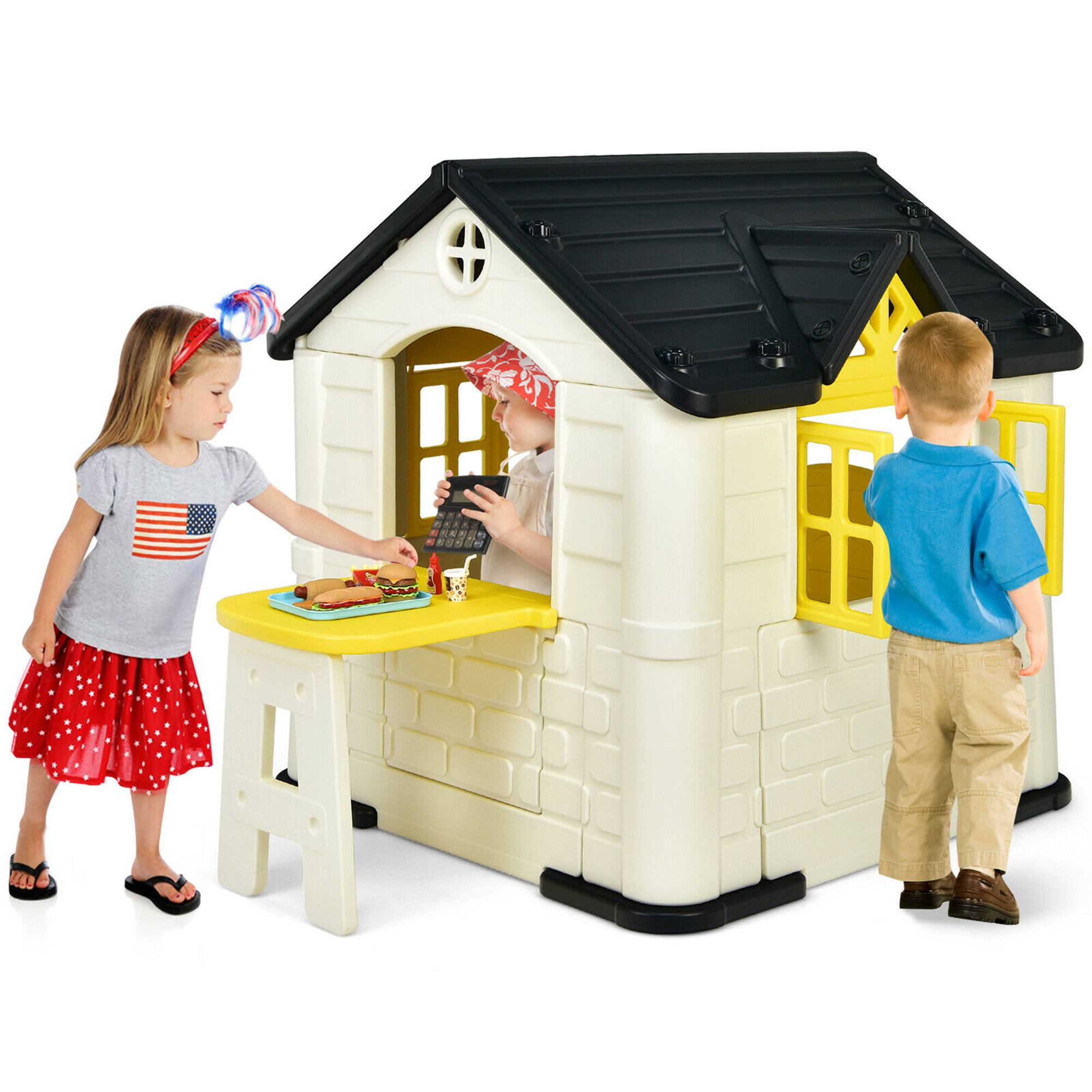 Front. Gymax - Gymax Kid's Playhouse Games Cottage w/ 7 PCS Toy Set & Waterproof Cover Yellow - Yellow.