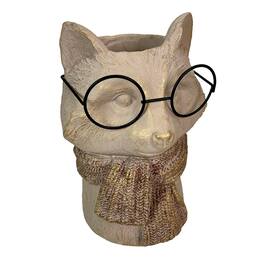 Things2Die4 - Bespectacled Fox Cement Vase 8.25in – Cute Fox Planter, Animal Flower Pot, Gift - Taupe