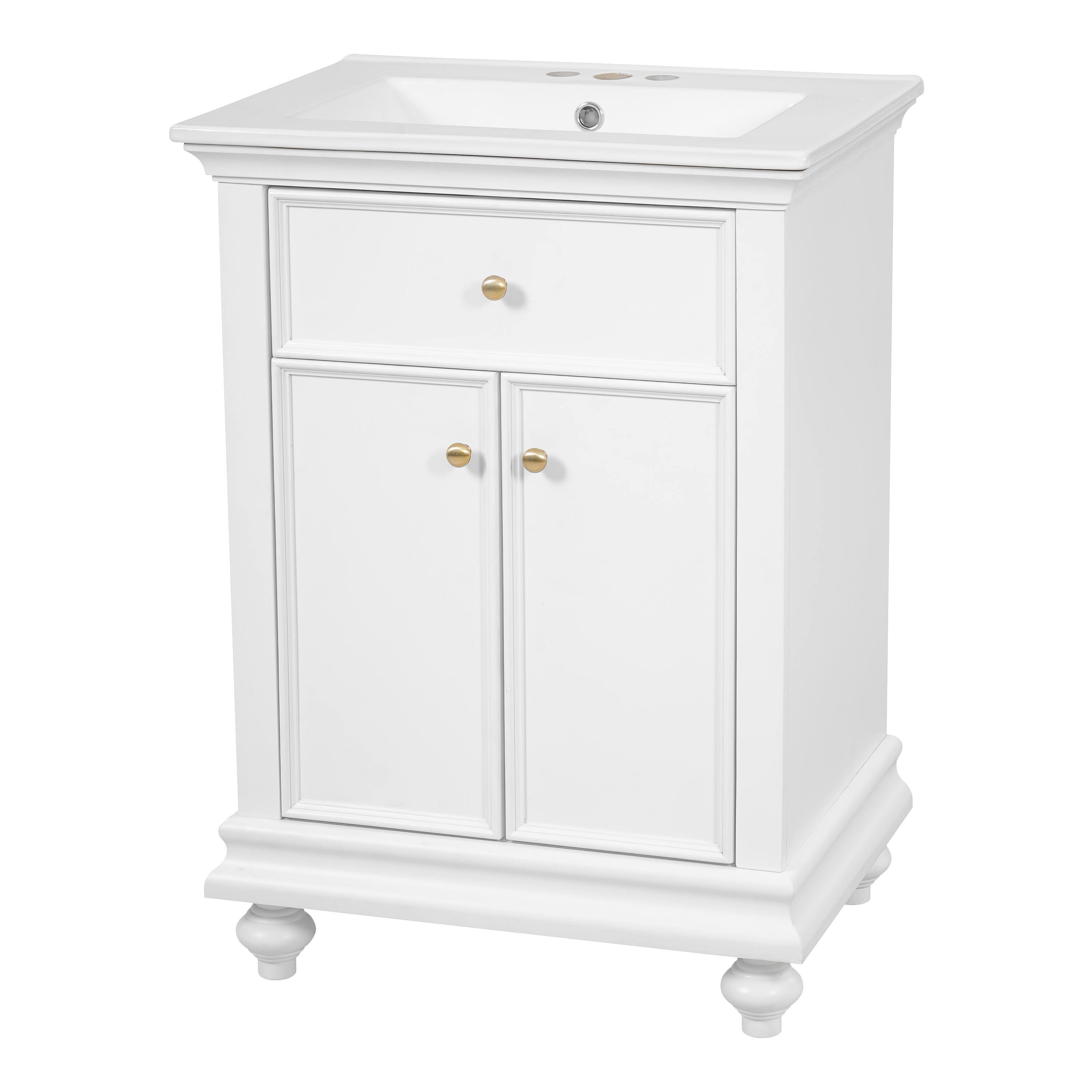 Left. Whisen - 24" Modern Bathroom Vanity Cabinet with Sink Tip-Out Soft-Close Hinges Back Open Ball-Turned Legs - White.