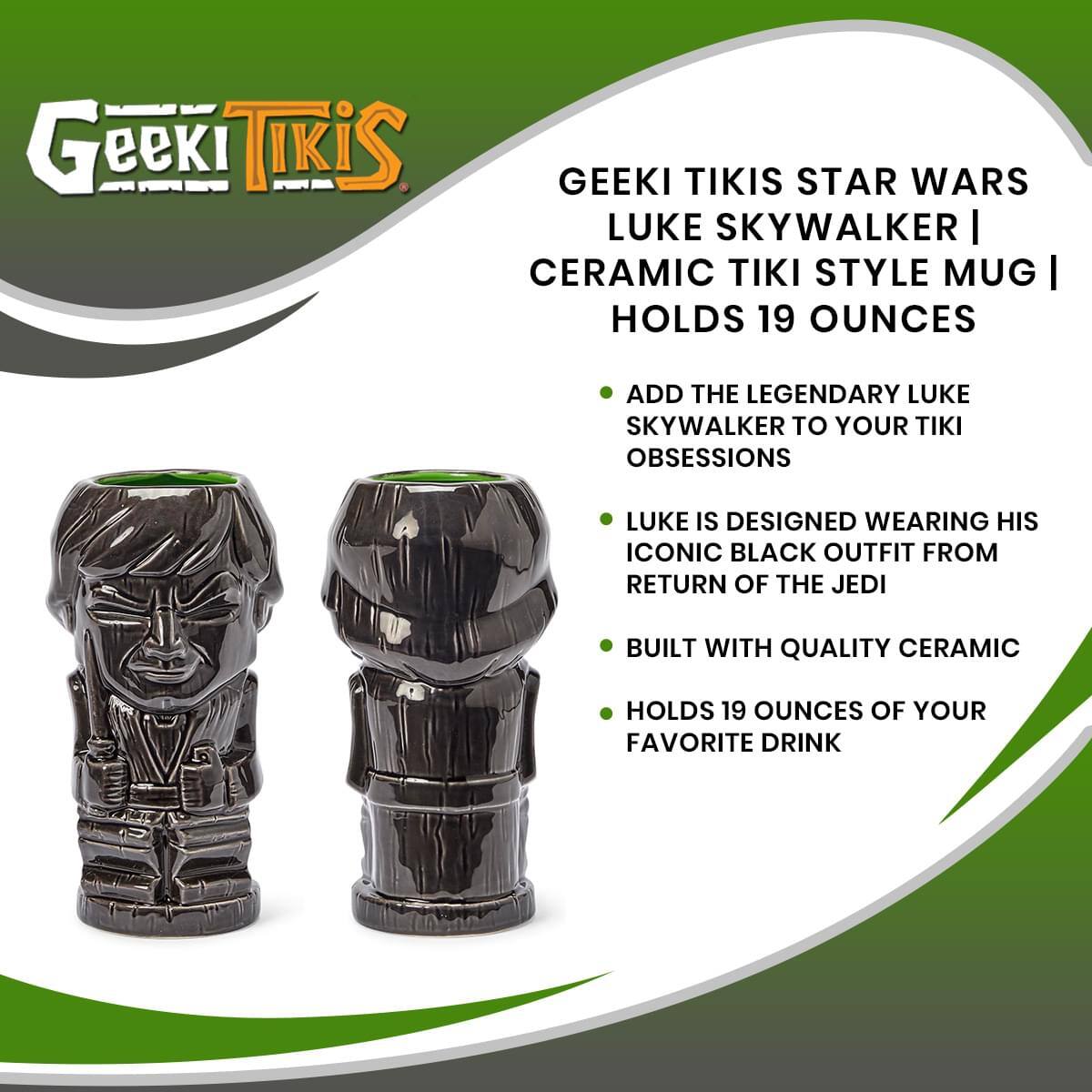 Geeki Tikis Star Wars Luke Skywalker | Ceramic Tiki Style Mug | Holds 19 Ounces

- Add the legendary Luke Skywalker to your Tiki obsessions
- Luke is designed wearing his iconic black outfit from Return of the Jedi
- Built with quality ceramic
- Holds 19 ounces of your favorite drink