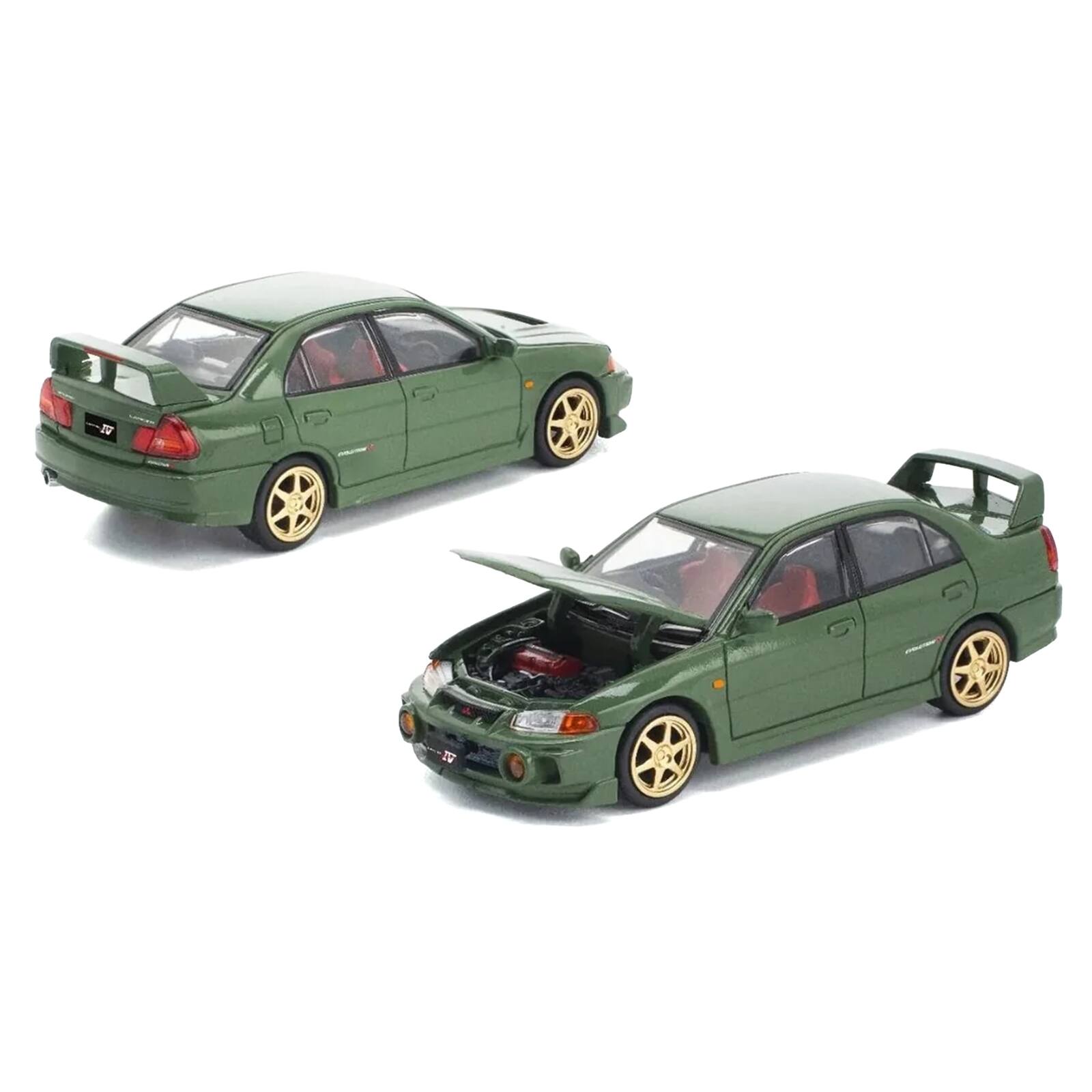 Alt View 2. Pop Race - Mitsubishi Lancer Evolution IV RHD Green w/Red Interior & Gold Wheels "Enigma Exclusive Ed" 1/64 Model Car by Pop Race.