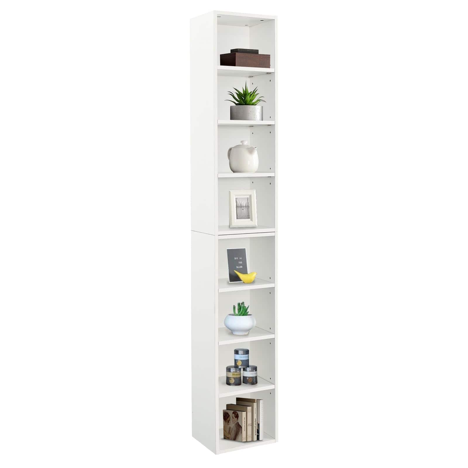 Front. Ecooso - 8-Tier Media Tower Rack, CD Slim Storage Cabinet with Adjustable Shelves, Multi-functional double-decker bookcase - White.