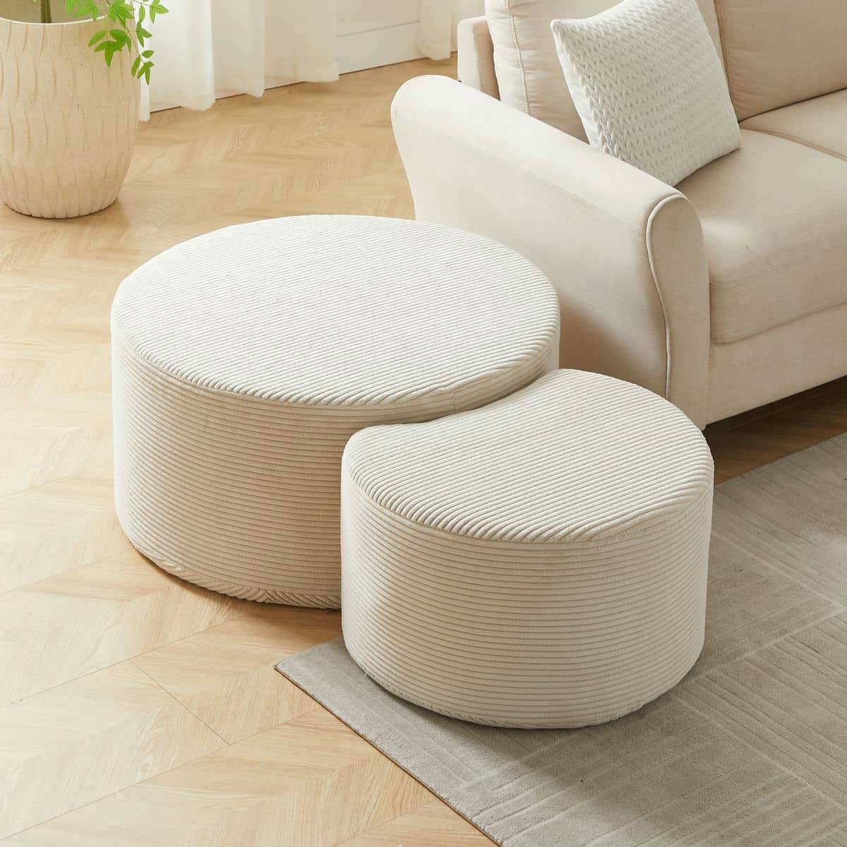 Alt View 4. Kadyn - Nesting Coffee Table Set of 2, Upholstered Round Foam Tables for Living Room, Side/End Table Ottoman, No Assembly - Beige.